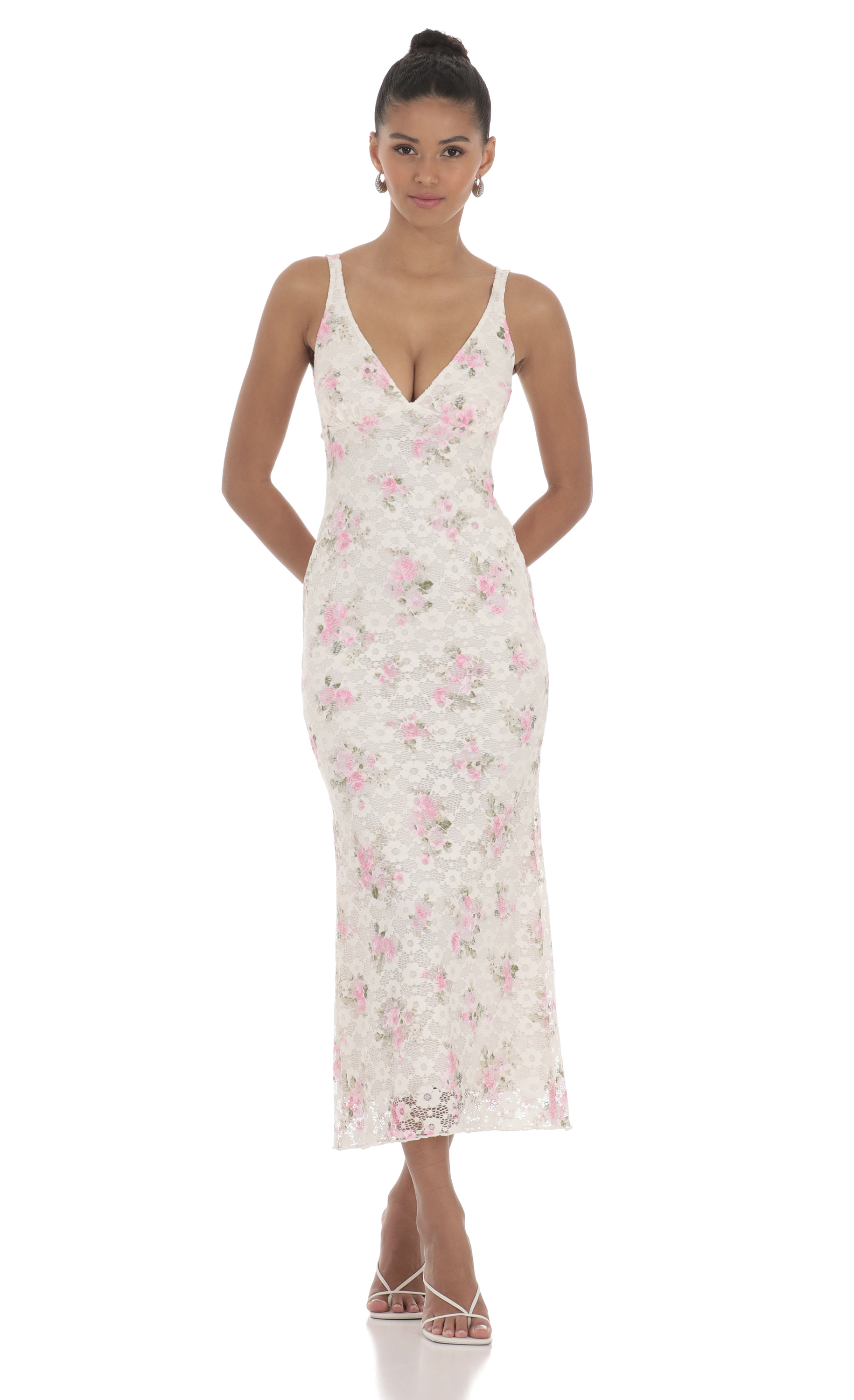 Lace Floral V-Neck Maxi Dress in White