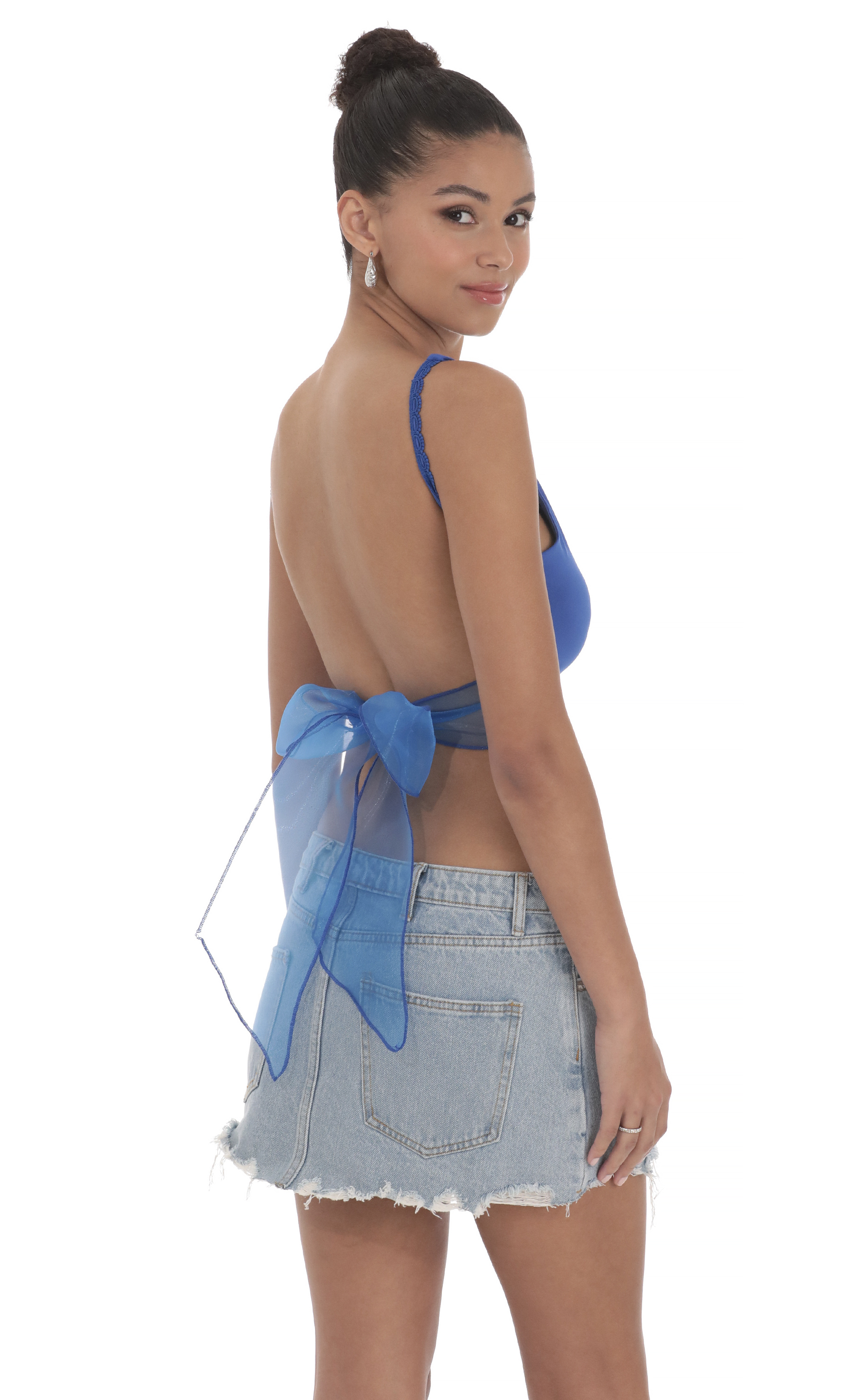 Embroidered Open Back Top in Blue