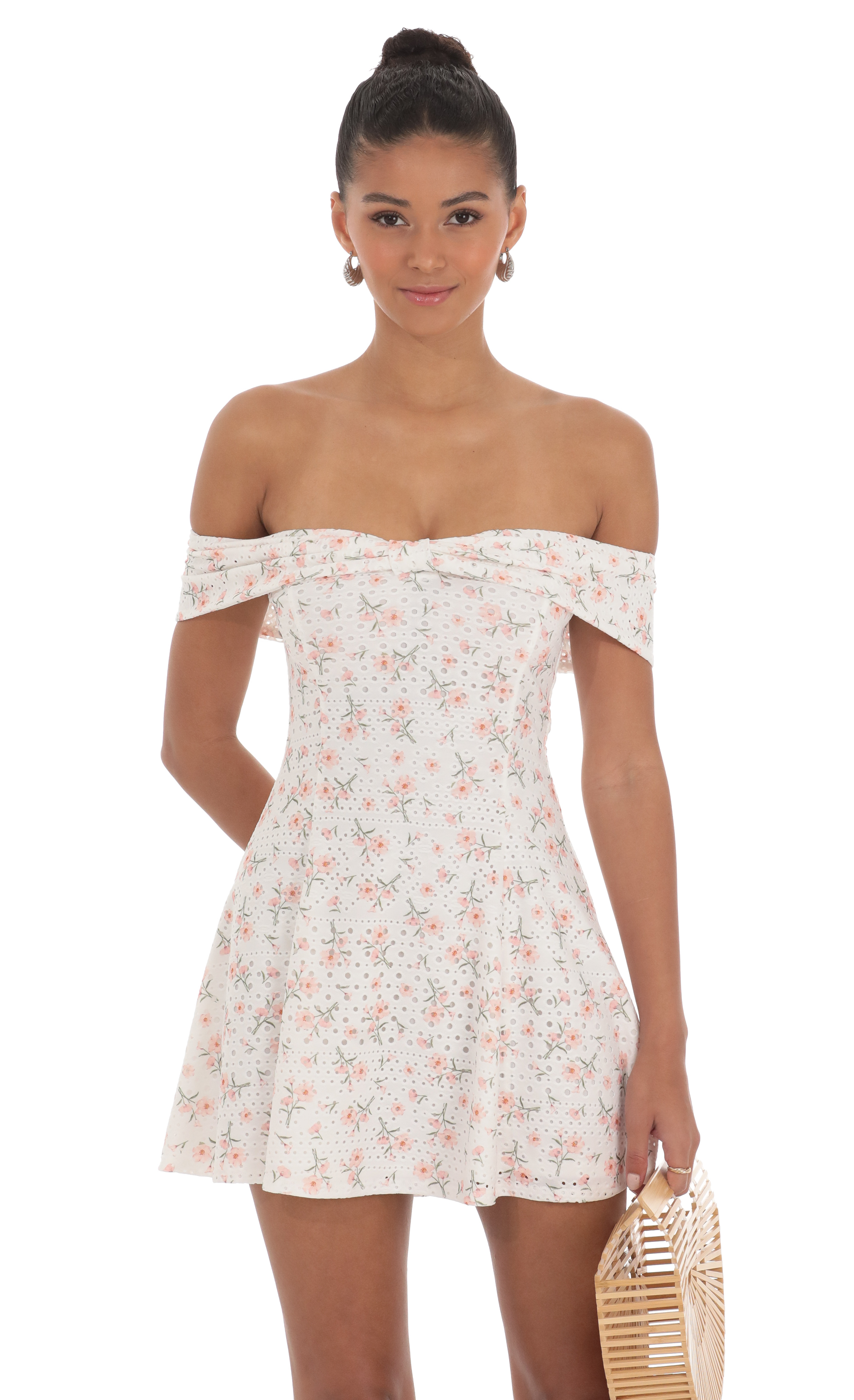Front Bow Floral Eyelet Off Shoulder Dress in White