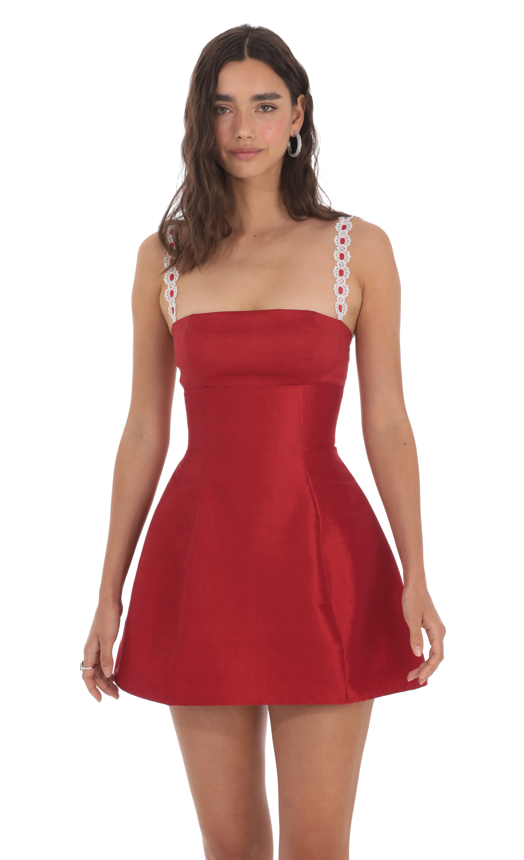 Embroidered Strap Flare Dress in Red