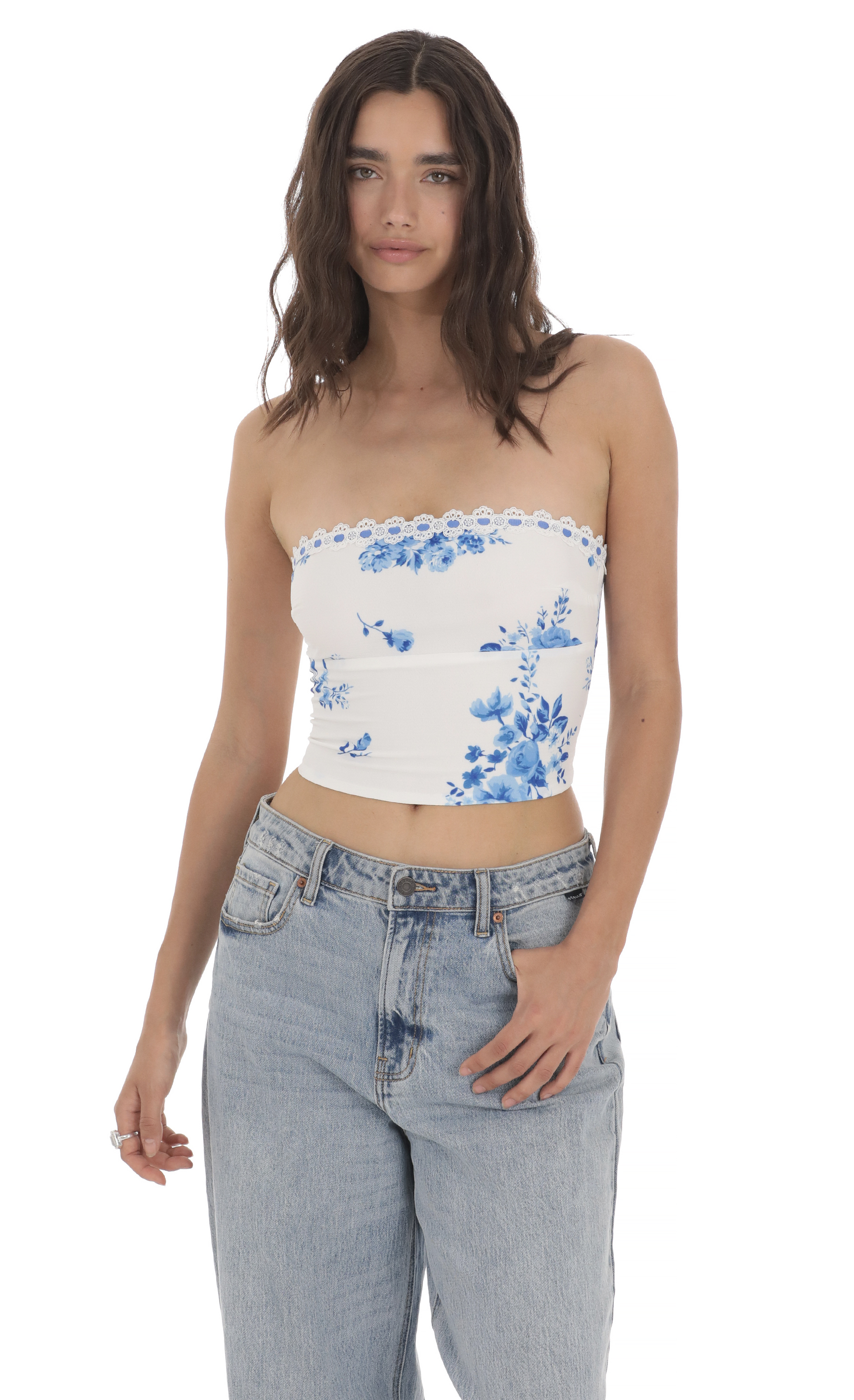 Strapless Floral Top in White