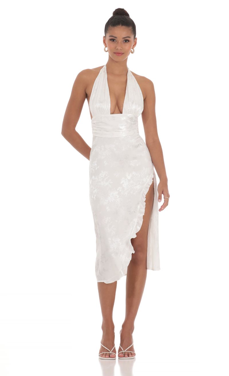 Satin Halter Floral Midi Dress in White | LUCY IN THE SKY Satin Halter Floral Midi Dress in White | LUCY IN THE SKY