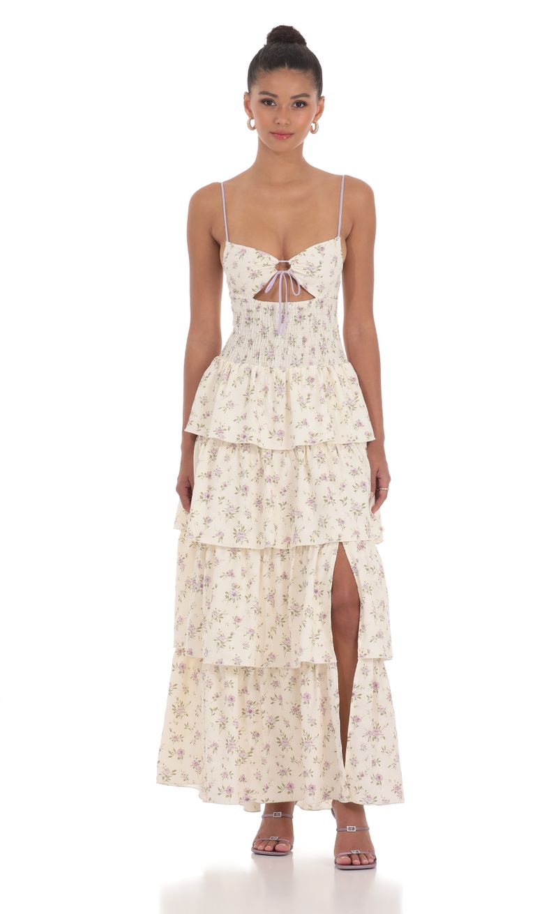 fitted lace wedding dress Floral Print Ruffled Side Cutout Maxi Dress – The Feral Market main image 1