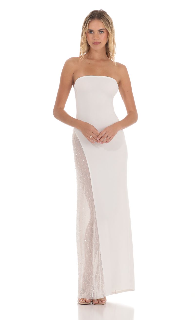 Strapless Mesh Sequin Slit in White | LUCY IN THE SKY Strapless Mesh Sequin Slit in White | LUCY IN THE SKY