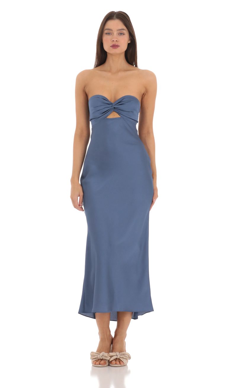 ワンピース Disco Tiara Pleated Shirt Dress Sky Blue Satin Twist Cutout Midi Dress in Navy | LUCY IN THE SKY