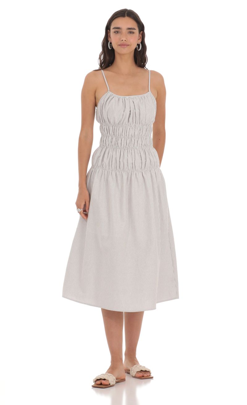 Ruched Striped Midi Dress in Grey | LUCY IN THE SKY