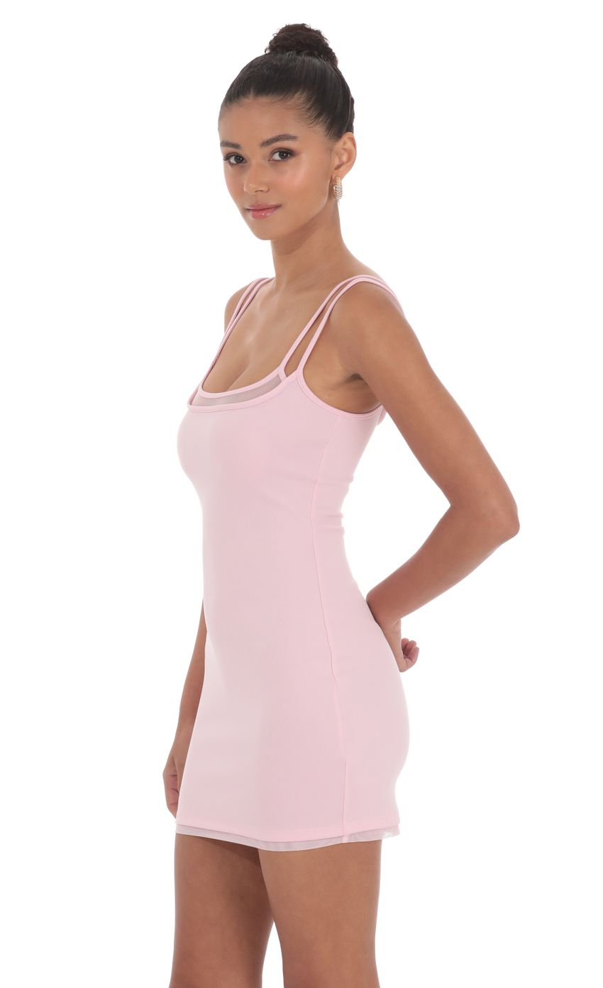 Picture Double Strap Mesh Bodycon Dress in Pink. Source: https://media-img.lucyinthesky.com/data/May24/850xAUTO/03b54f28-6b95-43b4-889e-124acf8c2d34.jpg