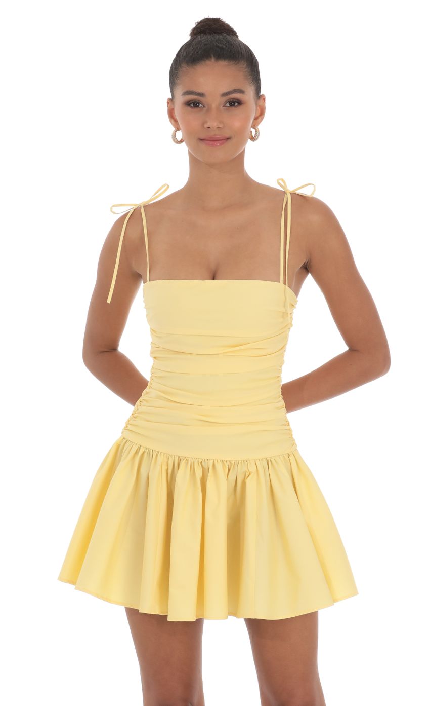 Picture Ruched Fit and Flare Dress in Yellow. Source: https://media-img.lucyinthesky.com/data/May24/850xAUTO/0b8f3e4f-c846-40bb-9326-ad0c09c8cd7a.jpg
