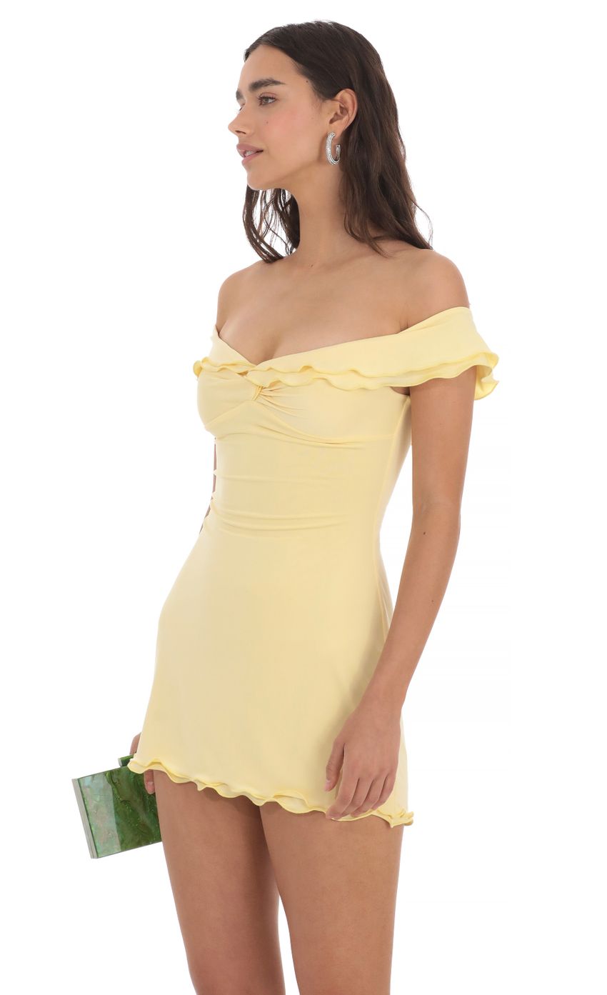Picture Off Shoulder Twist Dress in Yellow. Source: https://media-img.lucyinthesky.com/data/May24/850xAUTO/0f4291b1-63b1-4b8a-8cb7-500d233b7d2b.jpg