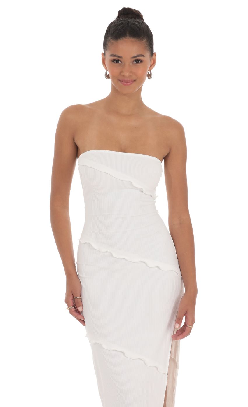 Picture Ruffle Strapless Dress in White. Source: https://media-img.lucyinthesky.com/data/May24/850xAUTO/15fe1a76-b09d-4815-bb39-efea1c0b301a.jpg