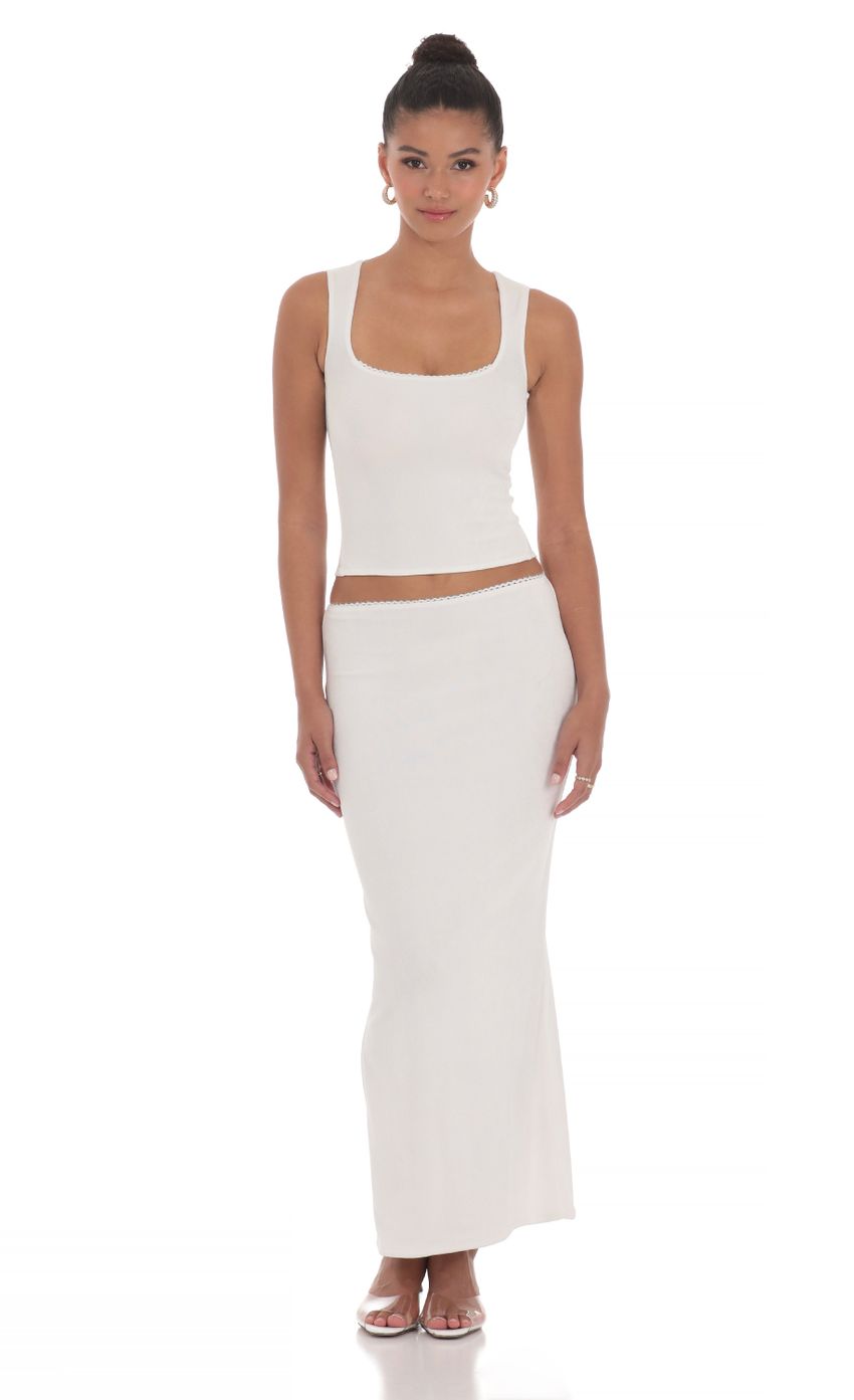 Picture Slinky Two Piece Maxi Skirt Set in White. Source: https://media-img.lucyinthesky.com/data/May24/850xAUTO/1f85aaed-7672-4437-938d-406ac5364117.jpg