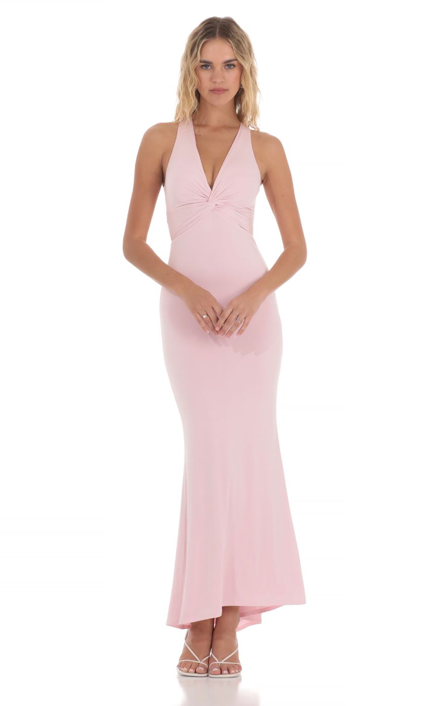 Picture Twist V-Neck Maxi Dress in Pink. Source: https://media-img.lucyinthesky.com/data/May24/850xAUTO/24239e11-c43d-4608-a40e-034062d8c450.jpg