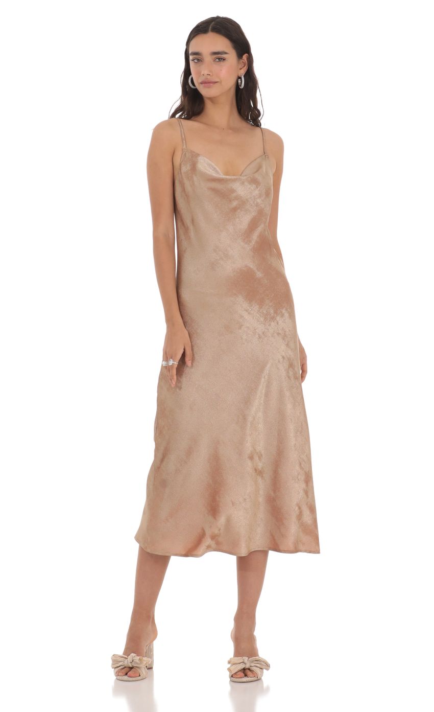 Picture Crushed Shimmer Midi Dress in Sand. Source: https://media-img.lucyinthesky.com/data/May24/850xAUTO/27dcf2bf-3178-456b-b2dc-c99aeb3db545.jpg