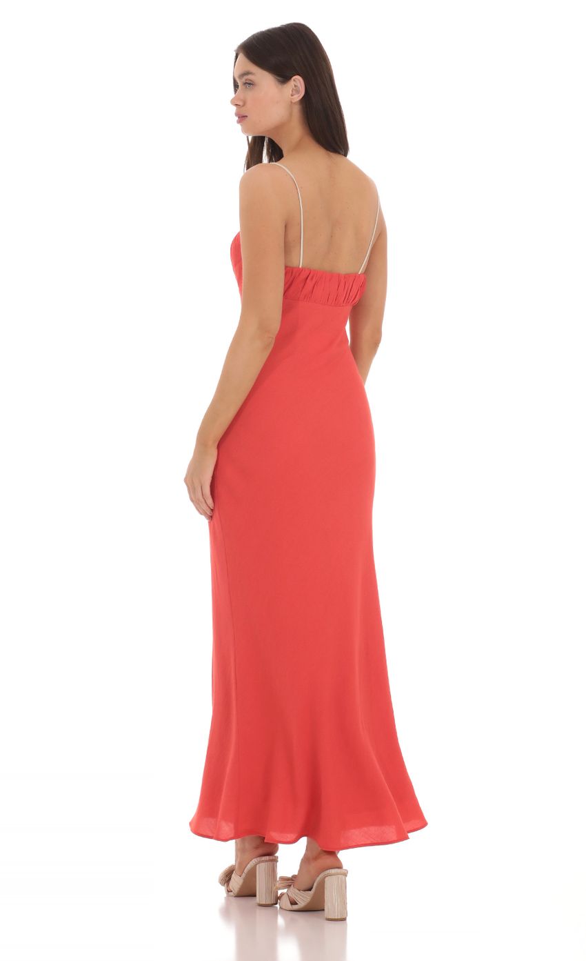 Picture Front Tie Maxi Dress in Coral Red. Source: https://media-img.lucyinthesky.com/data/May24/850xAUTO/2f58296c-3b0d-47e8-b771-90dede7bfd16.jpg