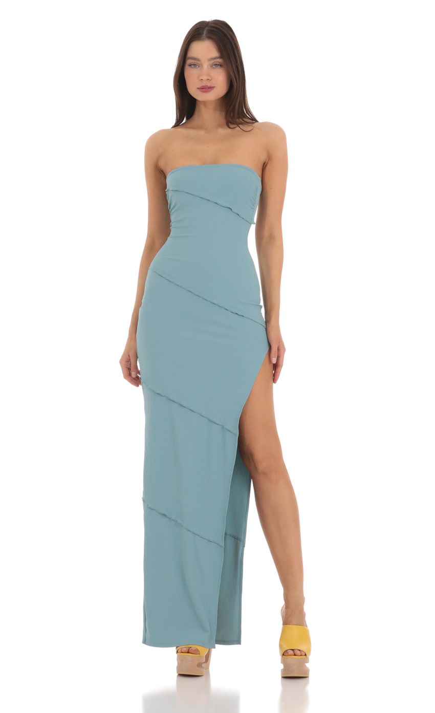 Picture Ruffle Strapless Dress in Blue. Source: https://media-img.lucyinthesky.com/data/May24/850xAUTO/2f71ddbe-feed-4ac7-98b8-7730cba69f4c.jpg