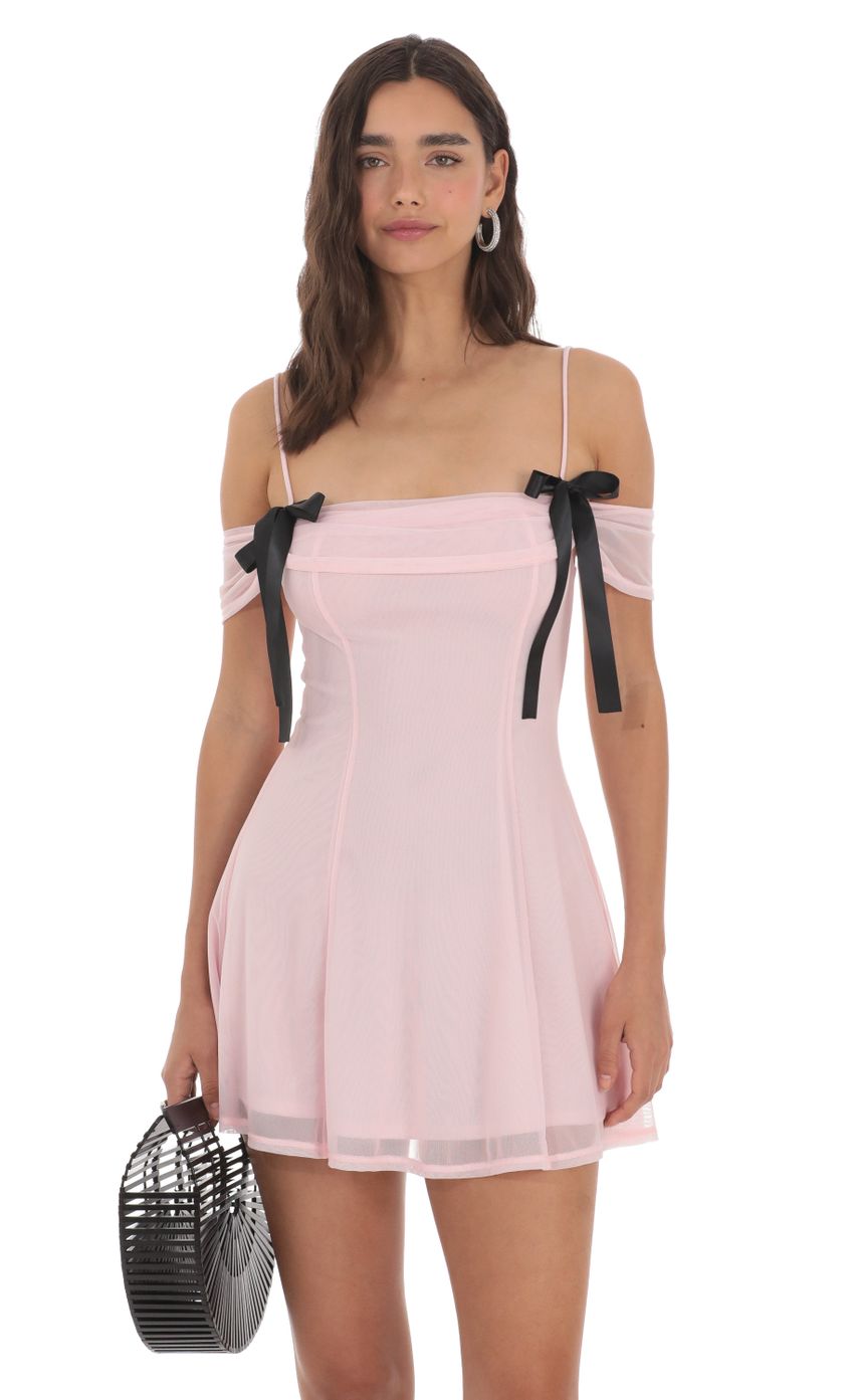 Picture Mesh Off Shoulder Dress in Pink. Source: https://media-img.lucyinthesky.com/data/May24/850xAUTO/35b565b6-ec43-4e63-b4eb-f704992a8fbe.jpg