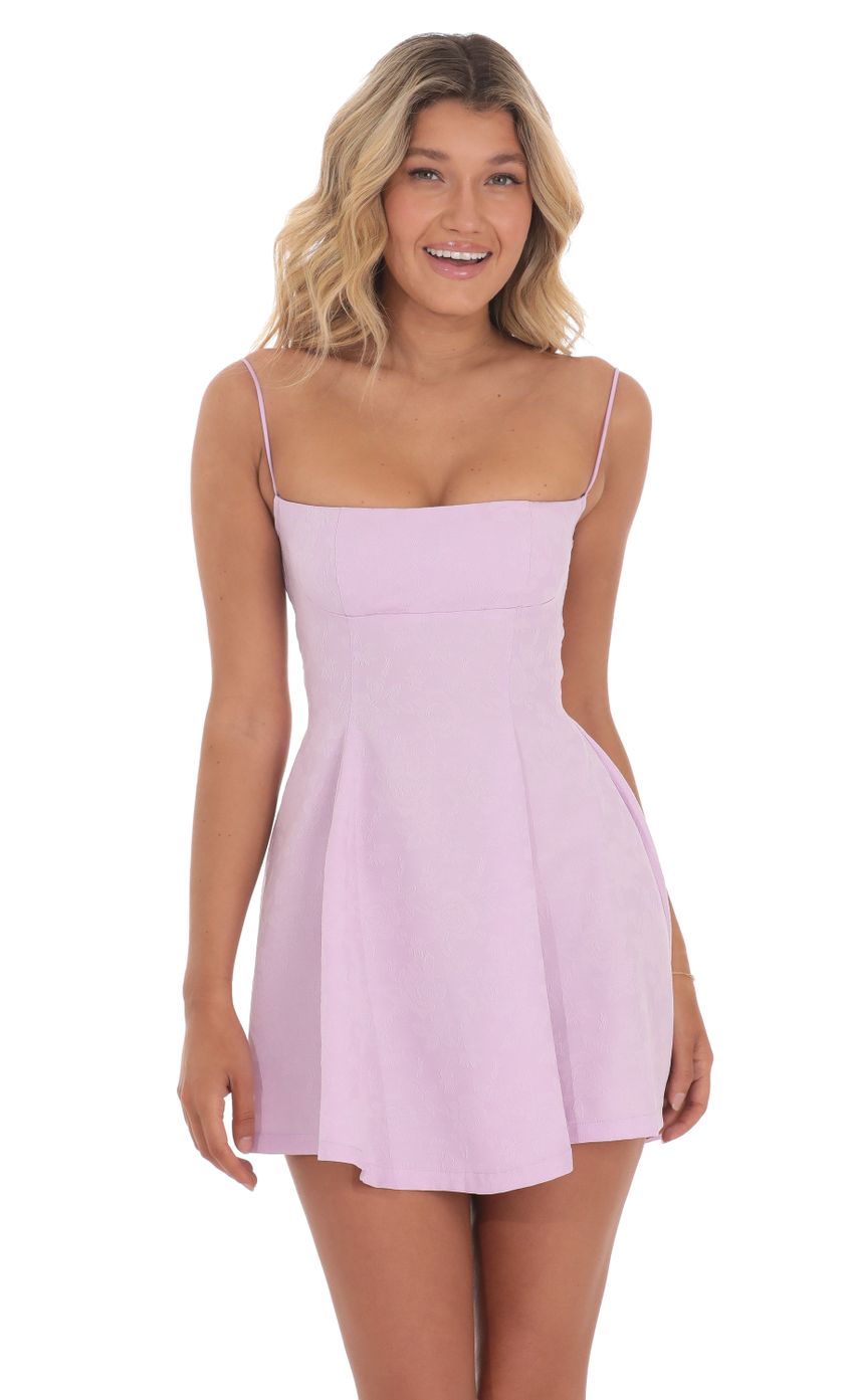 Picture Jacquard Floral Fit and Flare Dress in Lavender. Source: https://media-img.lucyinthesky.com/data/May24/850xAUTO/38eafcd4-b76a-4761-8422-dbd2383777aa.jpg