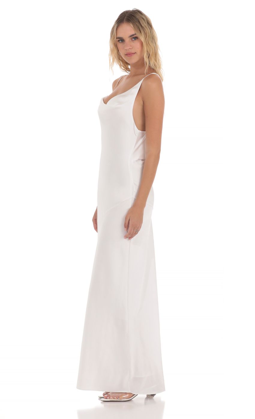 Picture Satin Asymmetrical Cowl Neck Maxi Dress in White. Source: https://media-img.lucyinthesky.com/data/May24/850xAUTO/3b3d2dc6-b614-4528-9a24-760a20cff7f1.jpg