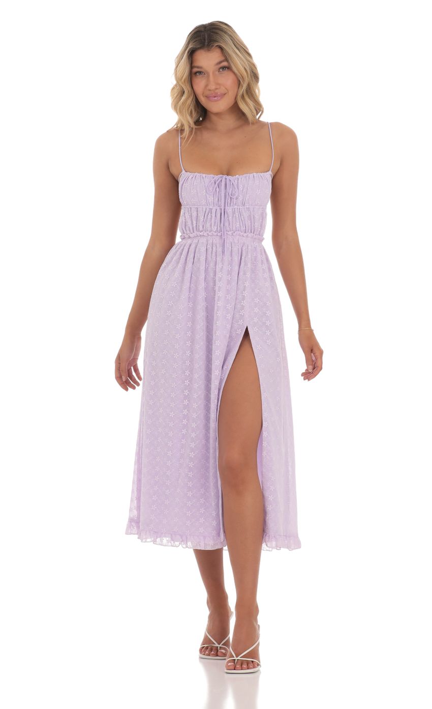 Picture Floral Embroidered Open Back Midi Dress in Lavender. Source: https://media-img.lucyinthesky.com/data/May24/850xAUTO/4322b85e-2ad5-4d5a-9f05-0c499aa5c21c.jpg