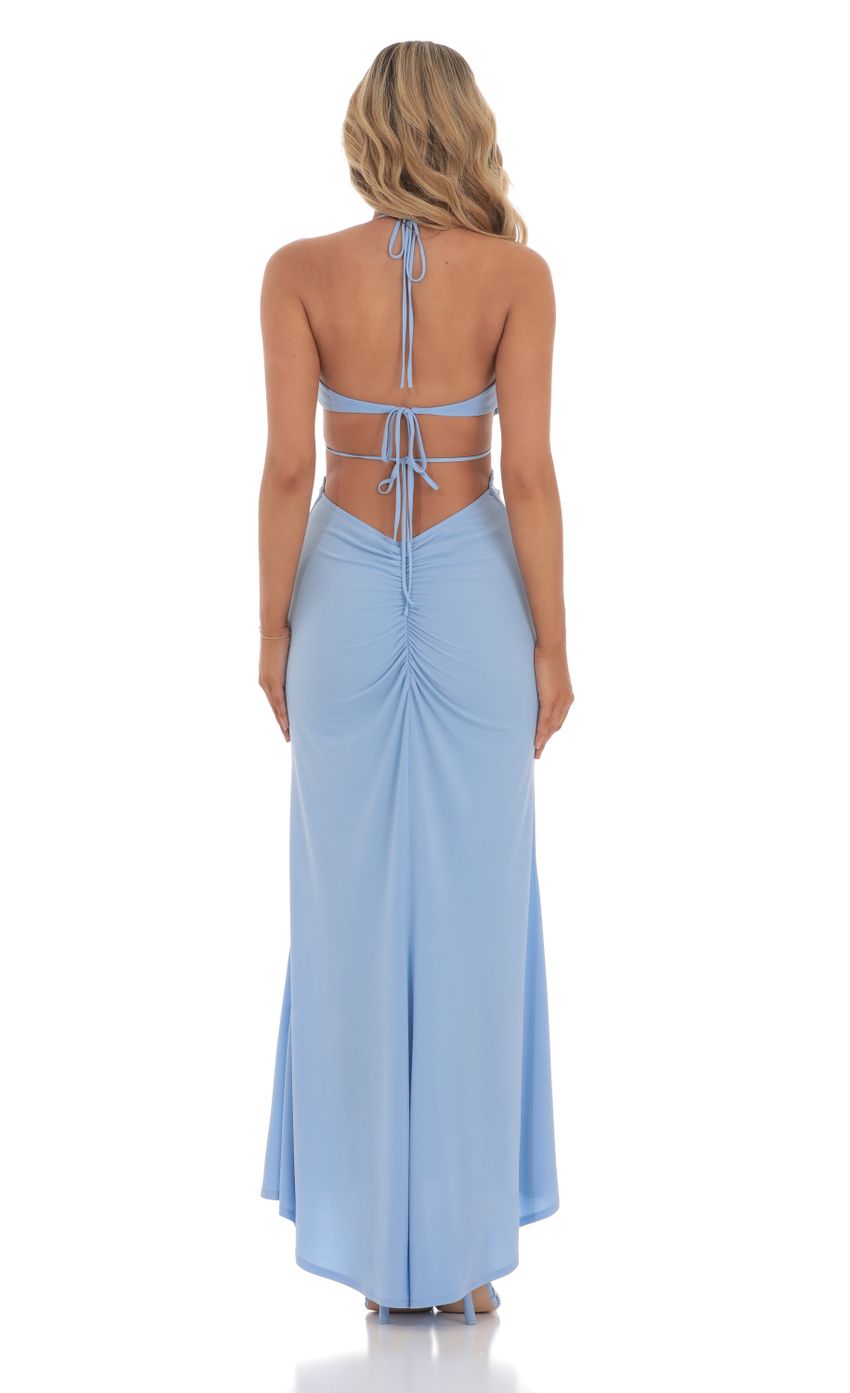Picture Plunge Neck Ruched Maxi Dress in Blue. Source: https://media-img.lucyinthesky.com/data/May24/850xAUTO/4dcd7535-ecbf-48e6-8dbb-666284e9ff97.jpg