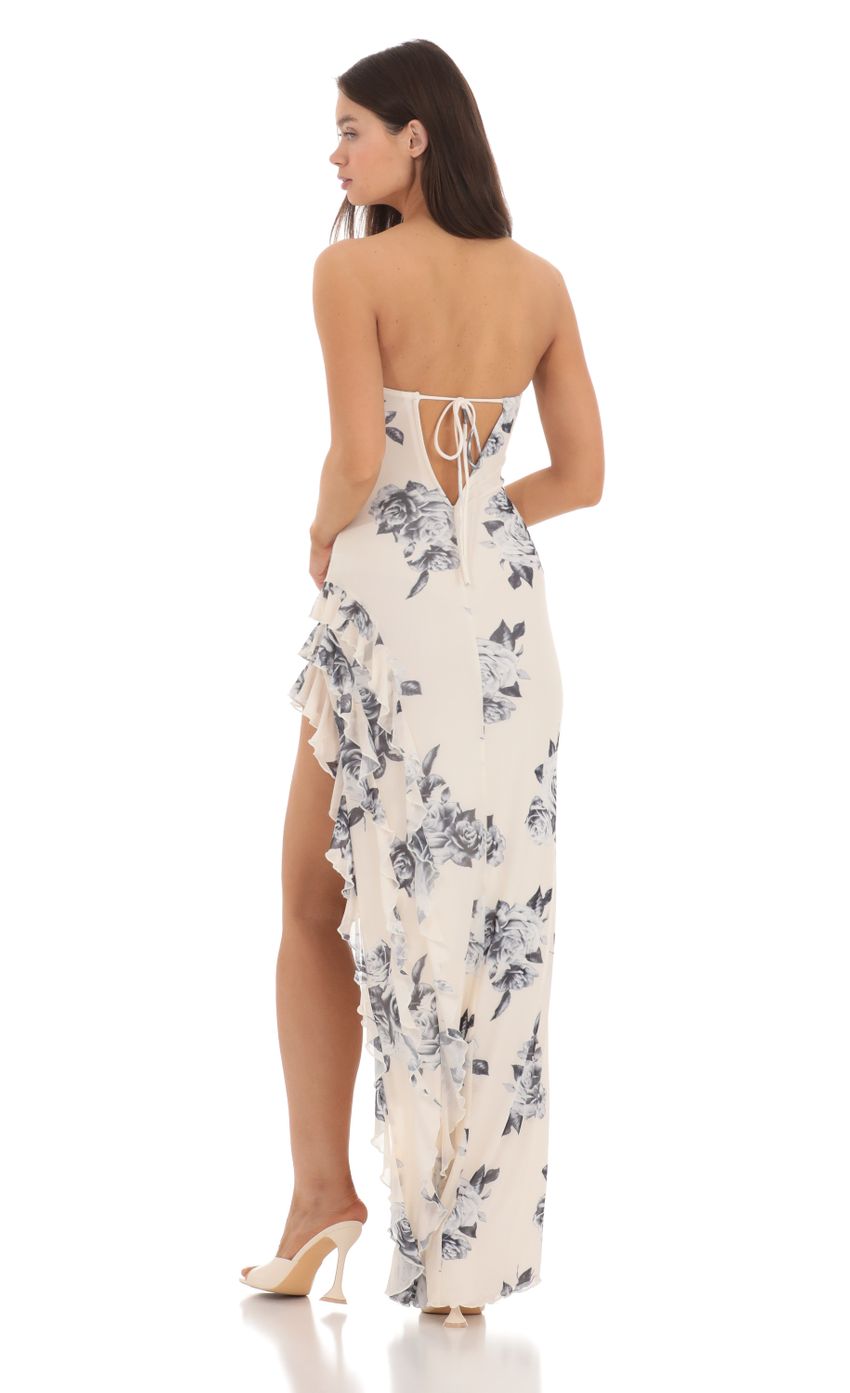 Picture Floral Mesh Strapless Triple Ruffle Maxi Dress in Cream. Source: https://media-img.lucyinthesky.com/data/May24/850xAUTO/4edd83d1-bff7-4745-80e7-889ab26b2faa.jpg
