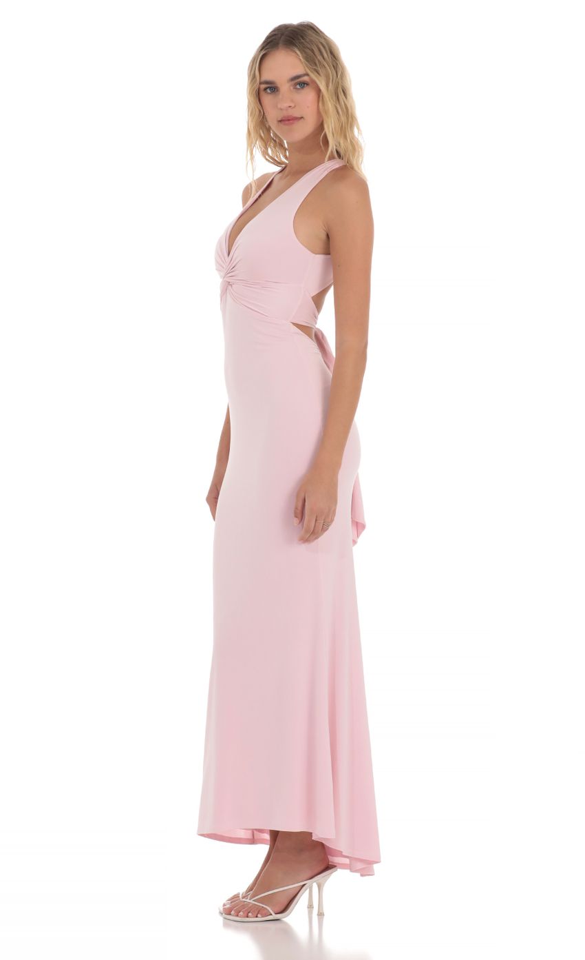 Picture Twist V-Neck Maxi Dress in Pink. Source: https://media-img.lucyinthesky.com/data/May24/850xAUTO/51b2cc36-4914-4e8b-9747-677de92ab691.jpg