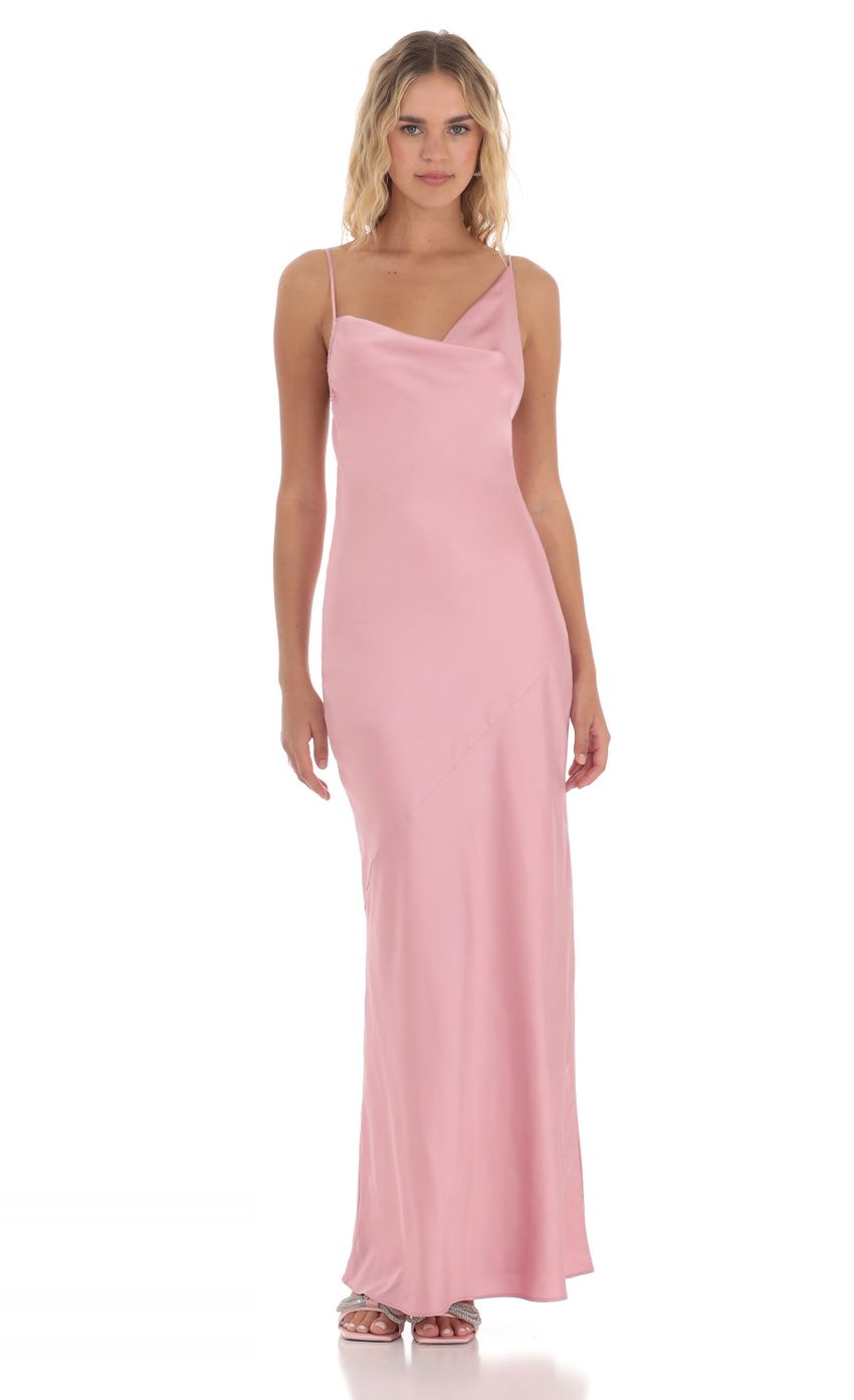 Picture Satin Asymmetrical Cowl Neck Maxi Dress in Pink. Source: https://media-img.lucyinthesky.com/data/May24/850xAUTO/571a57ef-59a6-42d4-a538-36510eadc437.jpg