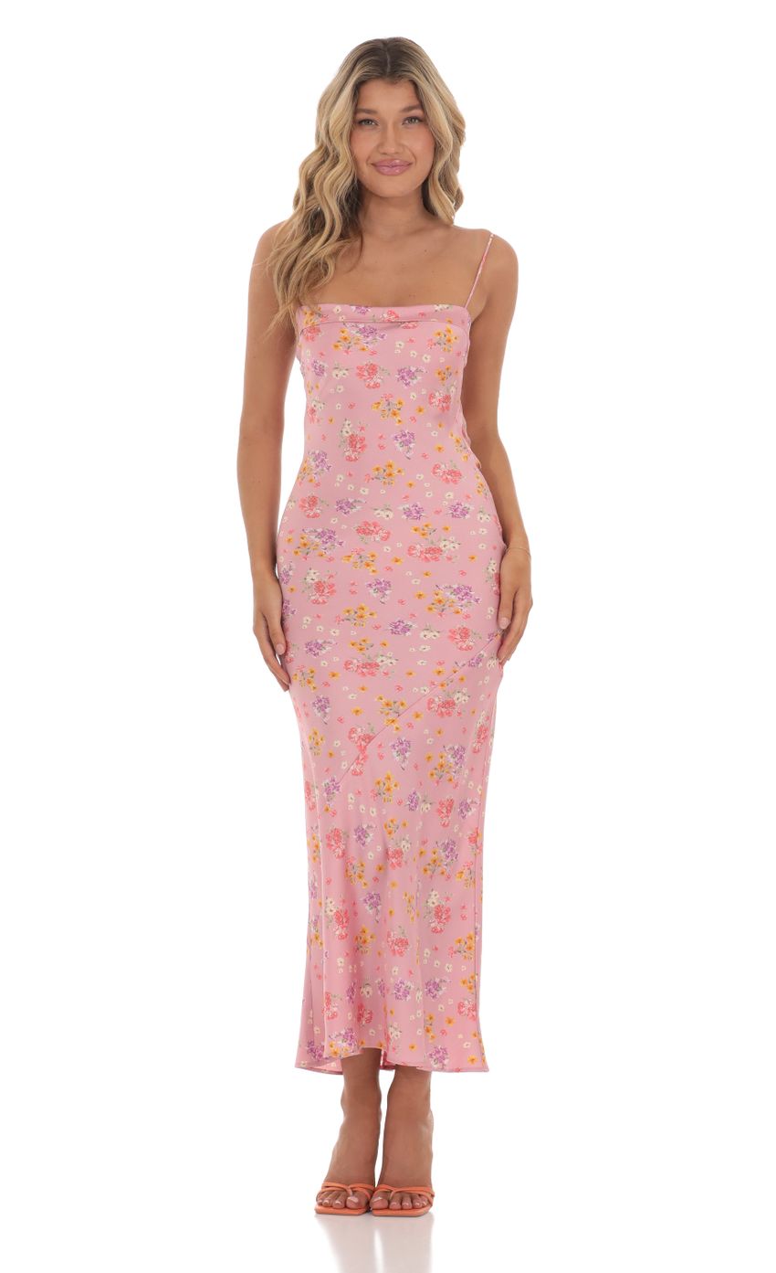 Picture Satin Floral Open Back Maxi Dress in Pink. Source: https://media-img.lucyinthesky.com/data/May24/850xAUTO/6114801a-c085-43b6-b6f9-3bdb3b46418b.jpg
