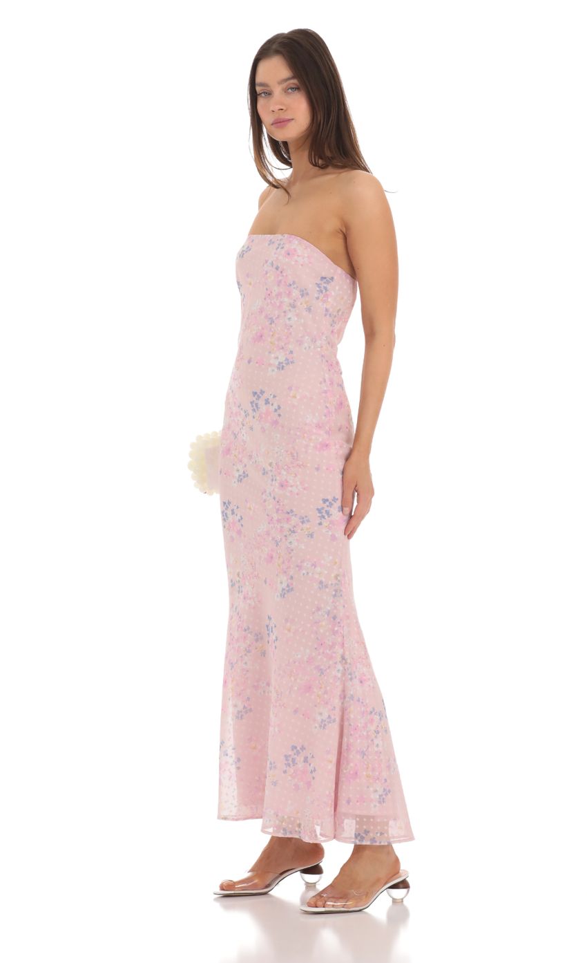 Picture Dotted Floral Strapless Maxi Dress in Pink. Source: https://media-img.lucyinthesky.com/data/May24/850xAUTO/62a95823-71db-48a2-9814-b45025b1d2b9.jpg