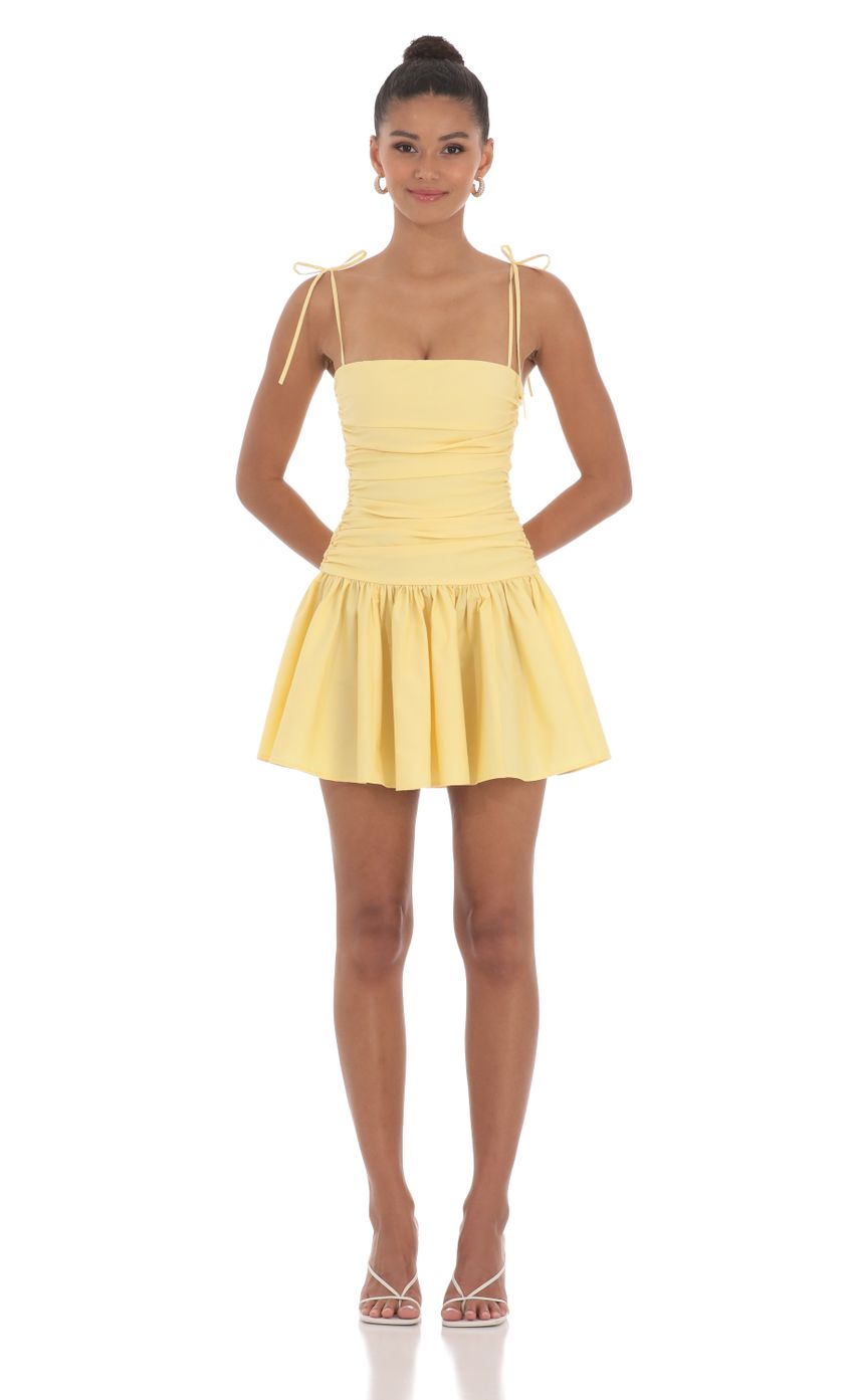 Picture Ruched Fit and Flare Dress in Yellow. Source: https://media-img.lucyinthesky.com/data/May24/850xAUTO/652f705a-c8d6-41b7-b856-bde92c926d3a.jpg