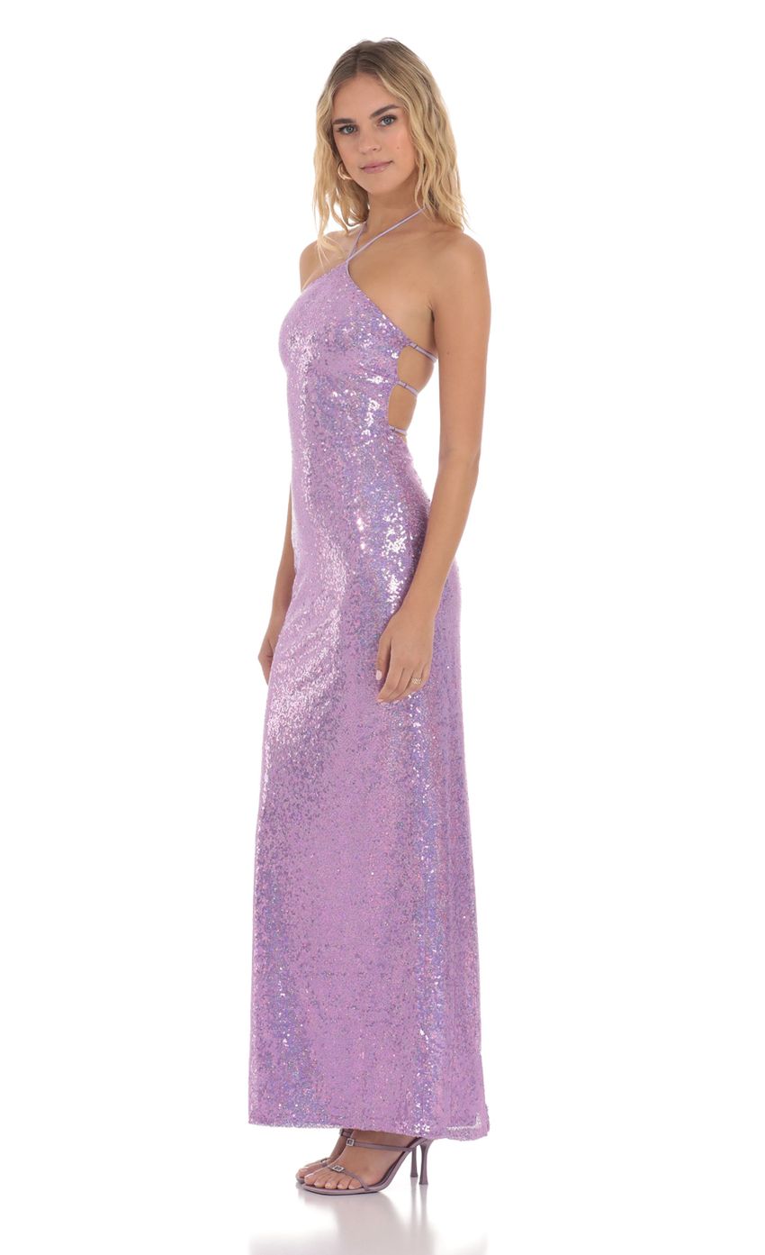 Picture Sequin Halter Maxi Dress in Lavender. Source: https://media-img.lucyinthesky.com/data/May24/850xAUTO/67ecb538-6bc3-41cb-b6be-acb348455f18.jpg