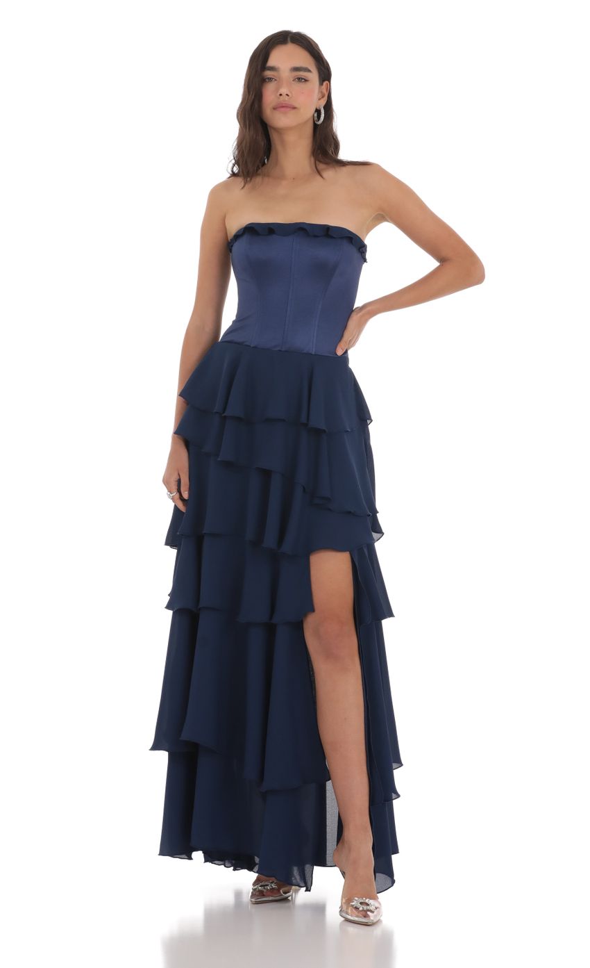 Product image for Corset Ruffle Strapless Maxi Dress in Navy
