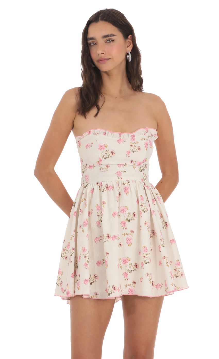 Picture Strapless Floral A-line Dress in Cream. Source: https://media-img.lucyinthesky.com/data/May24/850xAUTO/736c1c75-20ee-4220-9c94-c01e3b66a72b.jpg