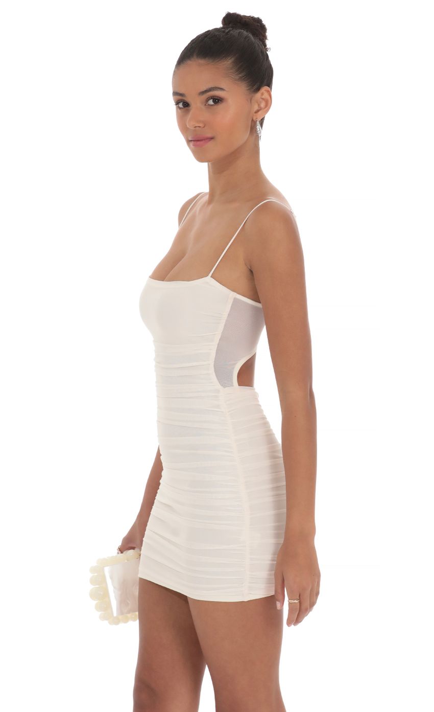 Picture Mesh Ruched Bodycon Dress in Cream. Source: https://media-img.lucyinthesky.com/data/May24/850xAUTO/7ac49fae-7ed3-4026-a8de-f1f1ffd4f839.jpg