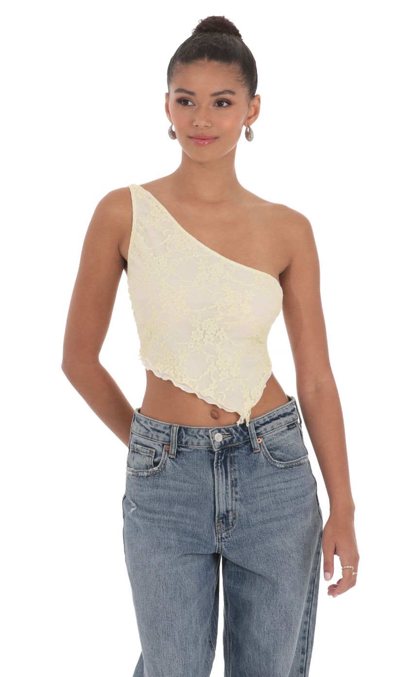 Picture One Shoulder Lace Top in Yellow. Source: https://media-img.lucyinthesky.com/data/May24/850xAUTO/7b5865ef-eda1-4ab1-96aa-a8f801385af7.jpg