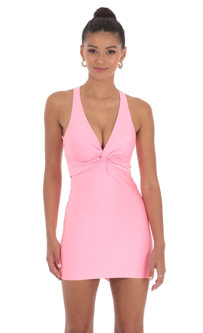 Picture Twist Open Back Dress in Pink. Source: https://media-img.lucyinthesky.com/data/May24/850xAUTO/80200d15-4897-4818-ba1b-f0f2812ef009.jpg