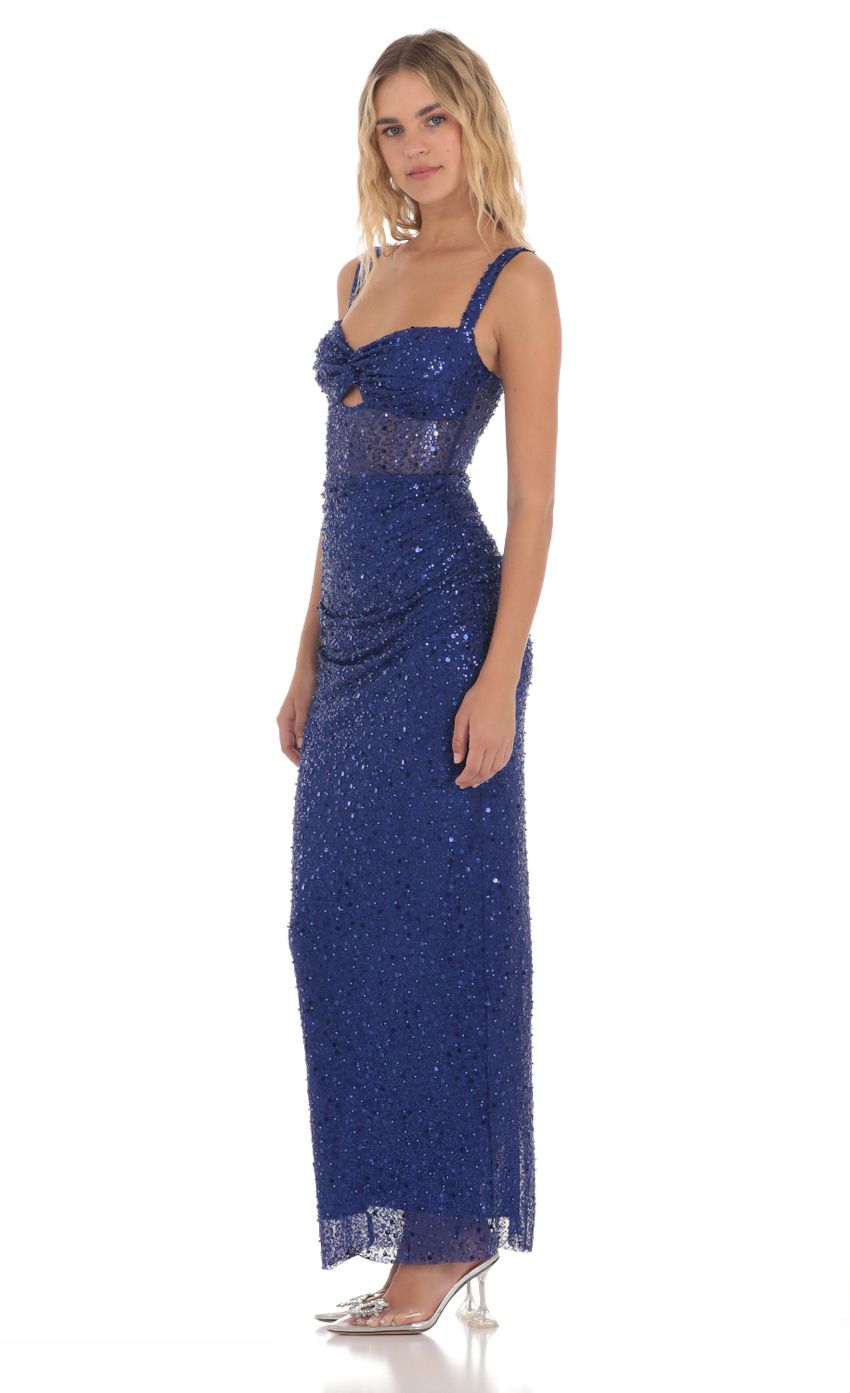 Picture Sequin Pear Twist Ruched Maxi Dress in Blue. Source: https://media-img.lucyinthesky.com/data/May24/850xAUTO/80a4ac8d-2d18-458e-9c60-86143228b0dd.jpg