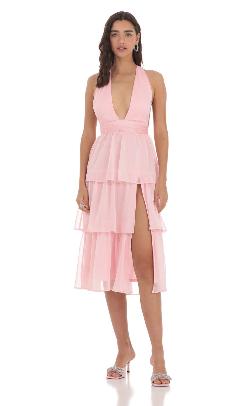 Picture Open Back Ruffle Midi Dress in Pink. Source: https://media-img.lucyinthesky.com/data/May24/850xAUTO/8407bc69-d850-4ac7-a751-ae85988bca58.jpg