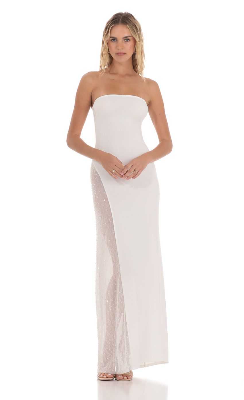 Picture Strapless Mesh Sequin Slit in White. Source: https://media-img.lucyinthesky.com/data/May24/850xAUTO/868dad55-bc26-4ed8-9538-706557aa1977.jpg