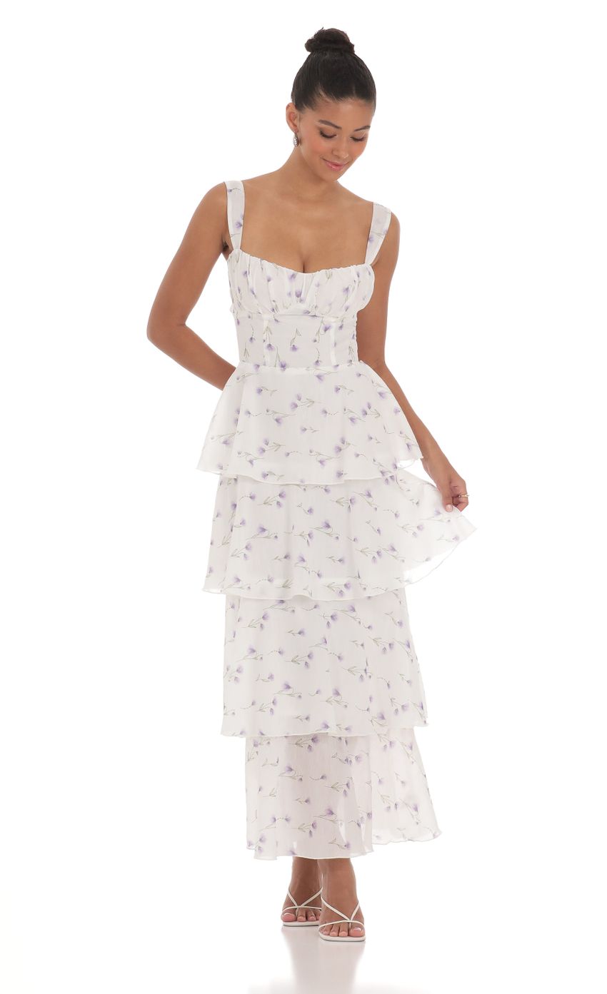 Picture Floral Ruffle Maxi Dress in White. Source: https://media-img.lucyinthesky.com/data/May24/850xAUTO/873bbf8d-9c2d-4a02-86ab-915813f7b874.jpg