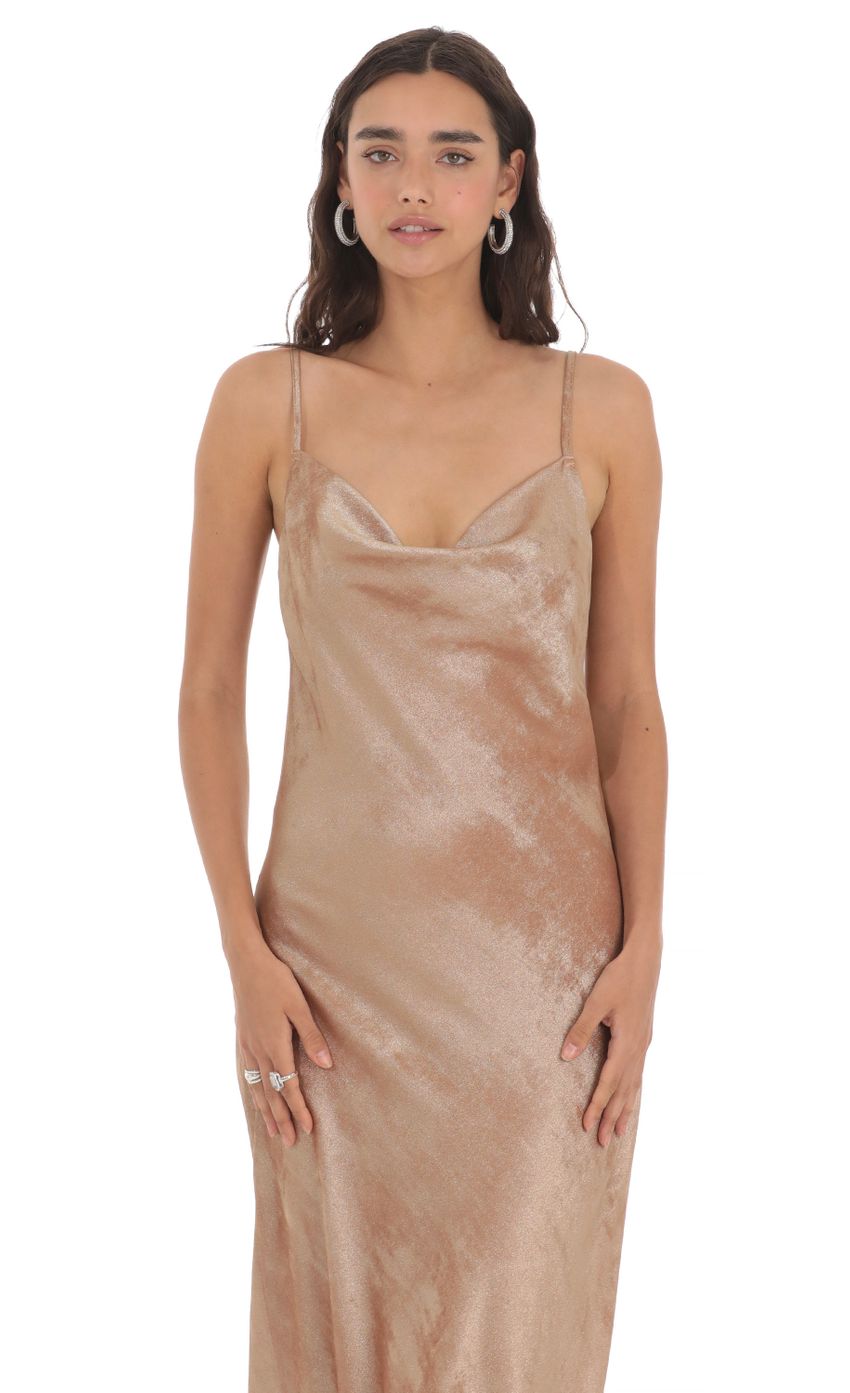 Picture Crushed Shimmer Midi Dress in Sand. Source: https://media-img.lucyinthesky.com/data/May24/850xAUTO/8e693410-78ca-44b5-b2b9-c9b176e12a7f.jpg