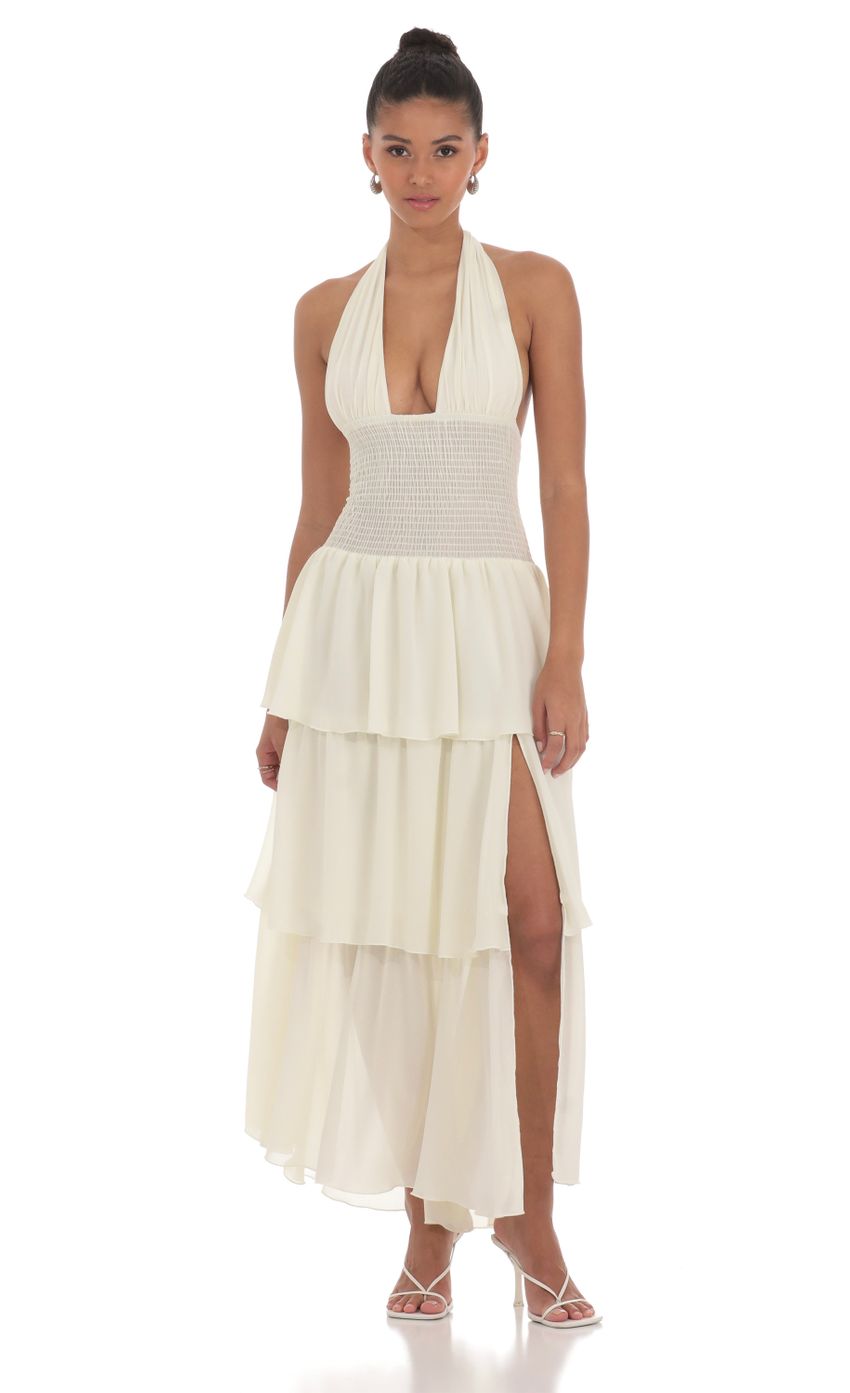 Picture Smocked Halter Maxi Dress in Cream. Source: https://media-img.lucyinthesky.com/data/May24/850xAUTO/8f5f40be-1c91-40b3-96c5-887dc49bceb0.jpg