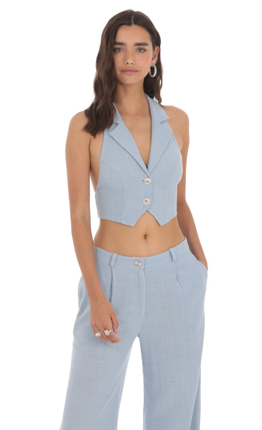 Picture Linen Collared Vest Top in Blue. Source: https://media-img.lucyinthesky.com/data/May24/850xAUTO/902a8a8f-9255-4ab2-9012-d1212cff74b9.jpg