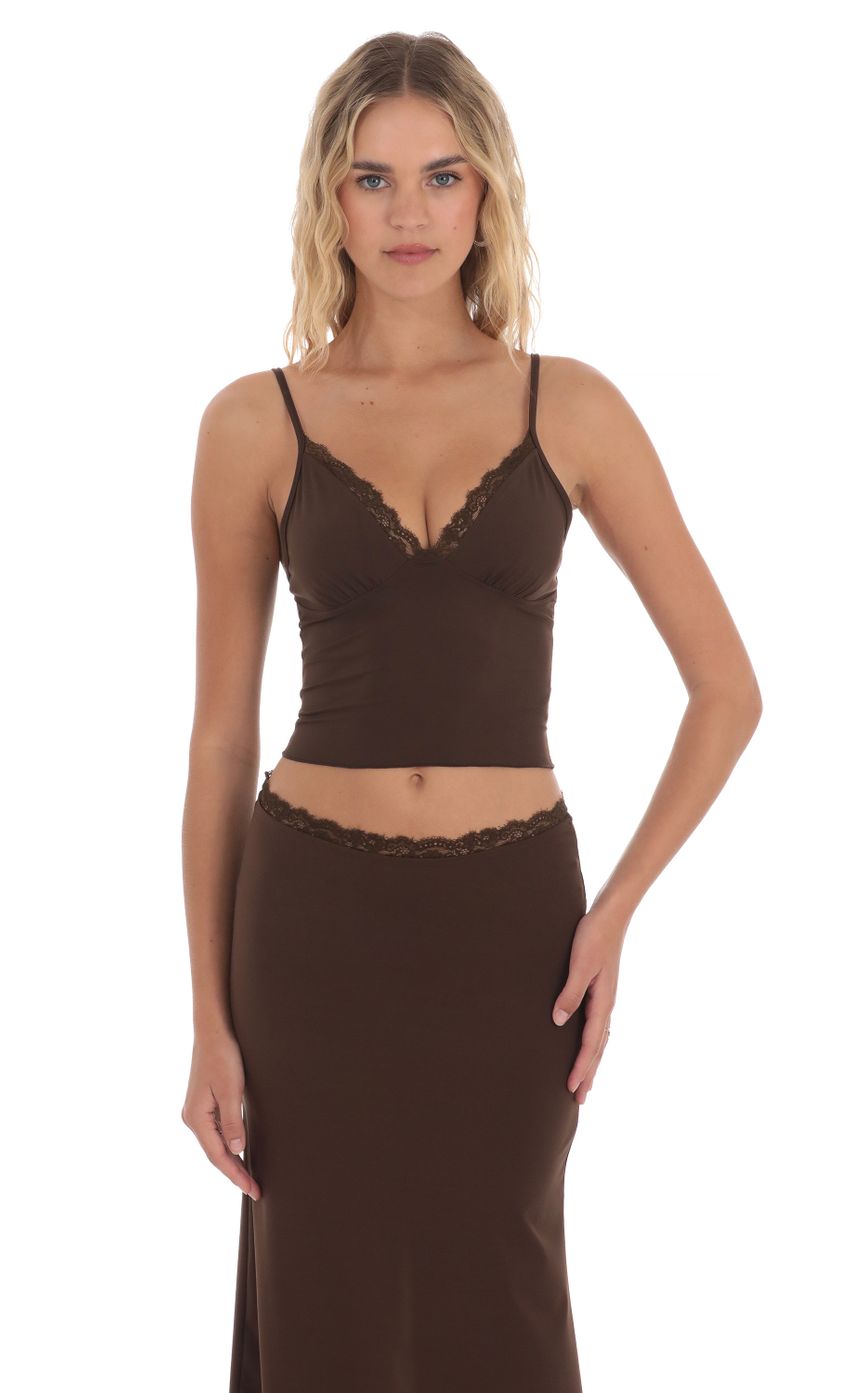Picture Lace Trim Two Piece Set in Brown. Source: https://media-img.lucyinthesky.com/data/May24/850xAUTO/93731c25-264f-4aad-9503-b7c7596c5c65.jpg
