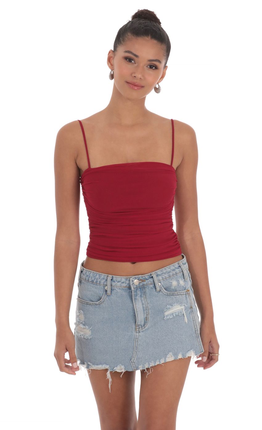 Picture Mesh Ruched Top in Maroon. Source: https://media-img.lucyinthesky.com/data/May24/850xAUTO/94968001-2fcb-4ea0-9799-0227b783ce2e.jpg
