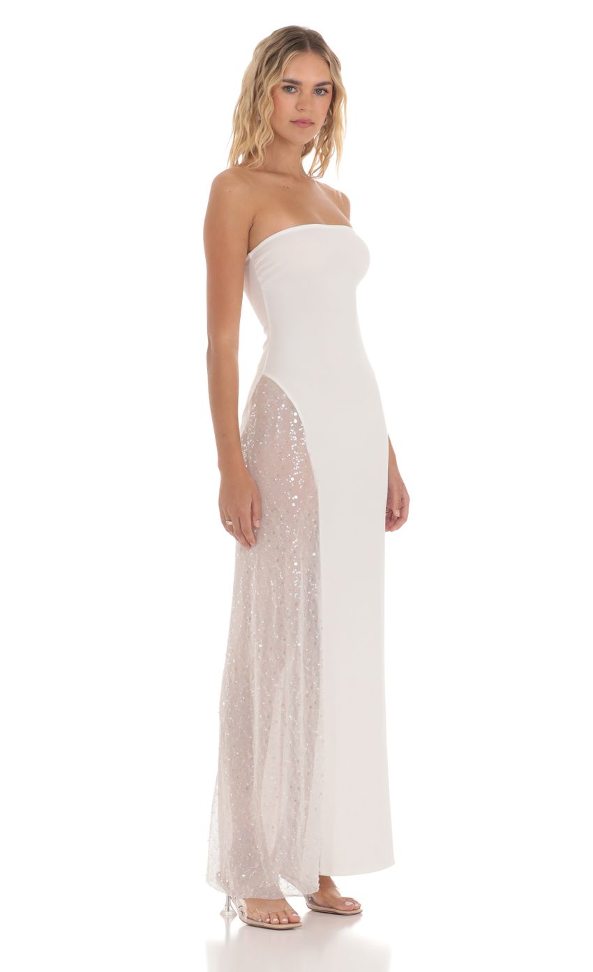 Picture Strapless Mesh Sequin Slit in White. Source: https://media-img.lucyinthesky.com/data/May24/850xAUTO/965a47f9-3773-4615-869f-126cdad71099.jpg