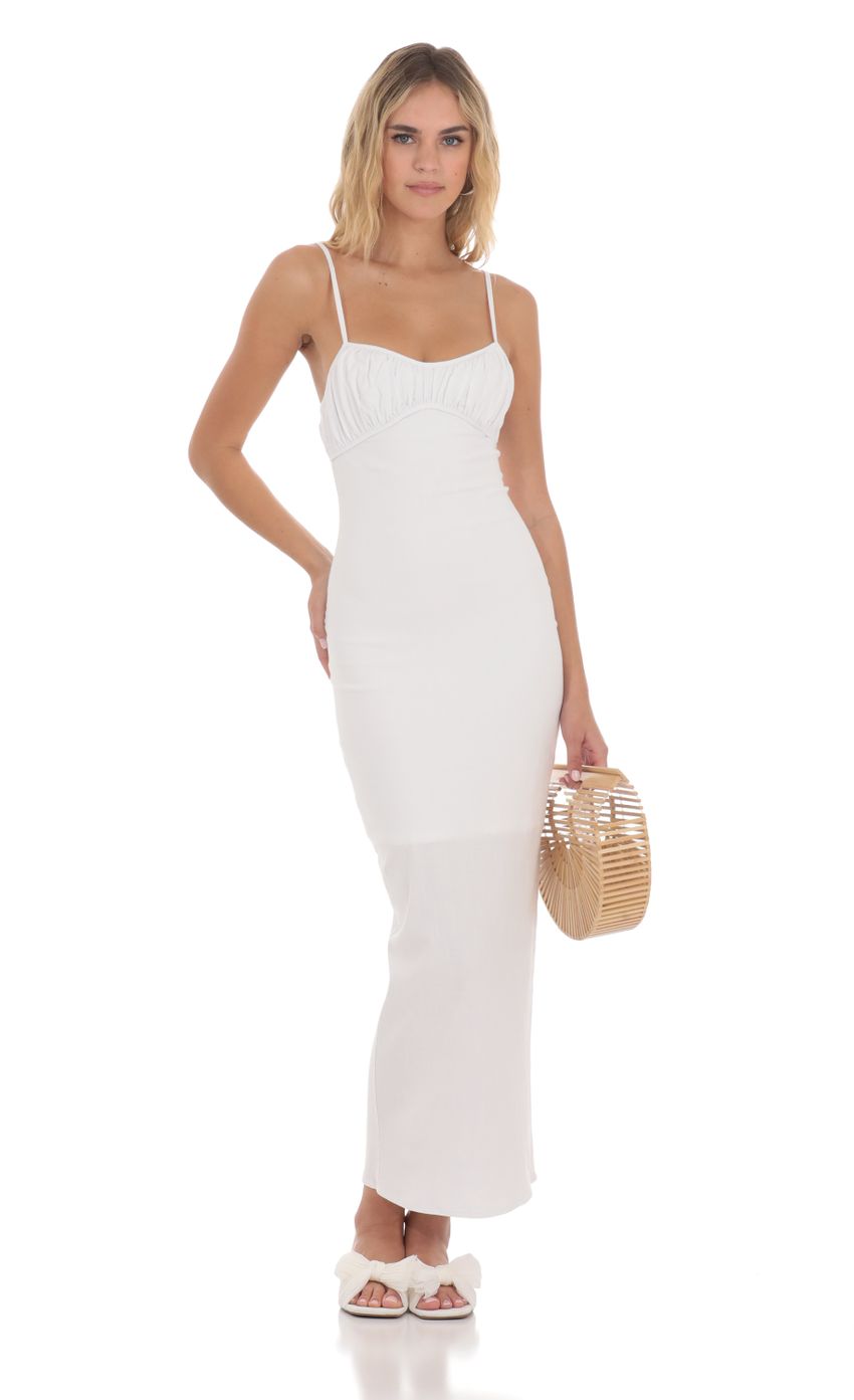 Picture Linen Bodycon Maxi Dress in White. Source: https://media-img.lucyinthesky.com/data/May24/850xAUTO/a134ecf3-10ba-4912-8a26-df0fa5a2b5e4.jpg