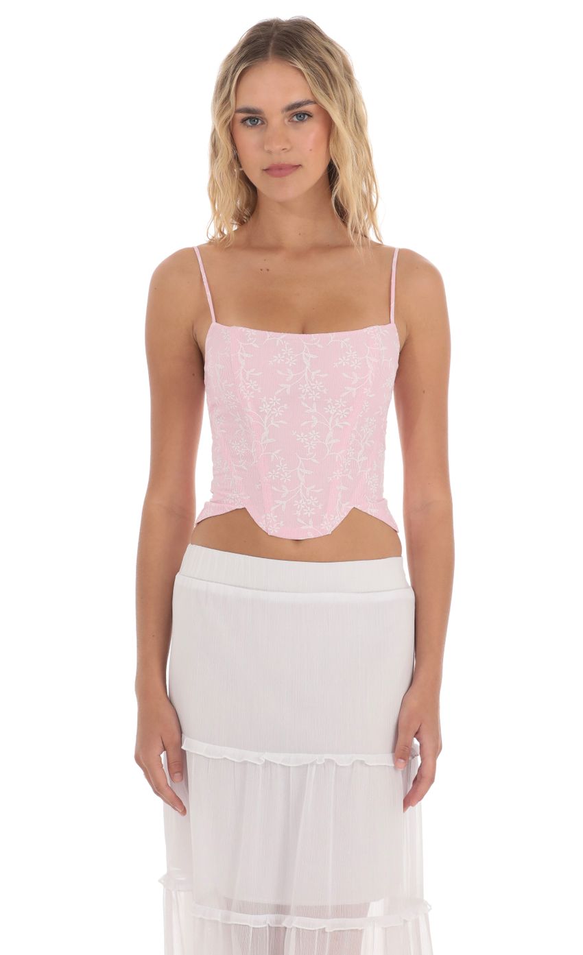 Picture Striped Floral Corset Top in Pink. Source: https://media-img.lucyinthesky.com/data/May24/850xAUTO/af203c5a-6f7b-4b4f-ba59-7afe8a24323b.jpg