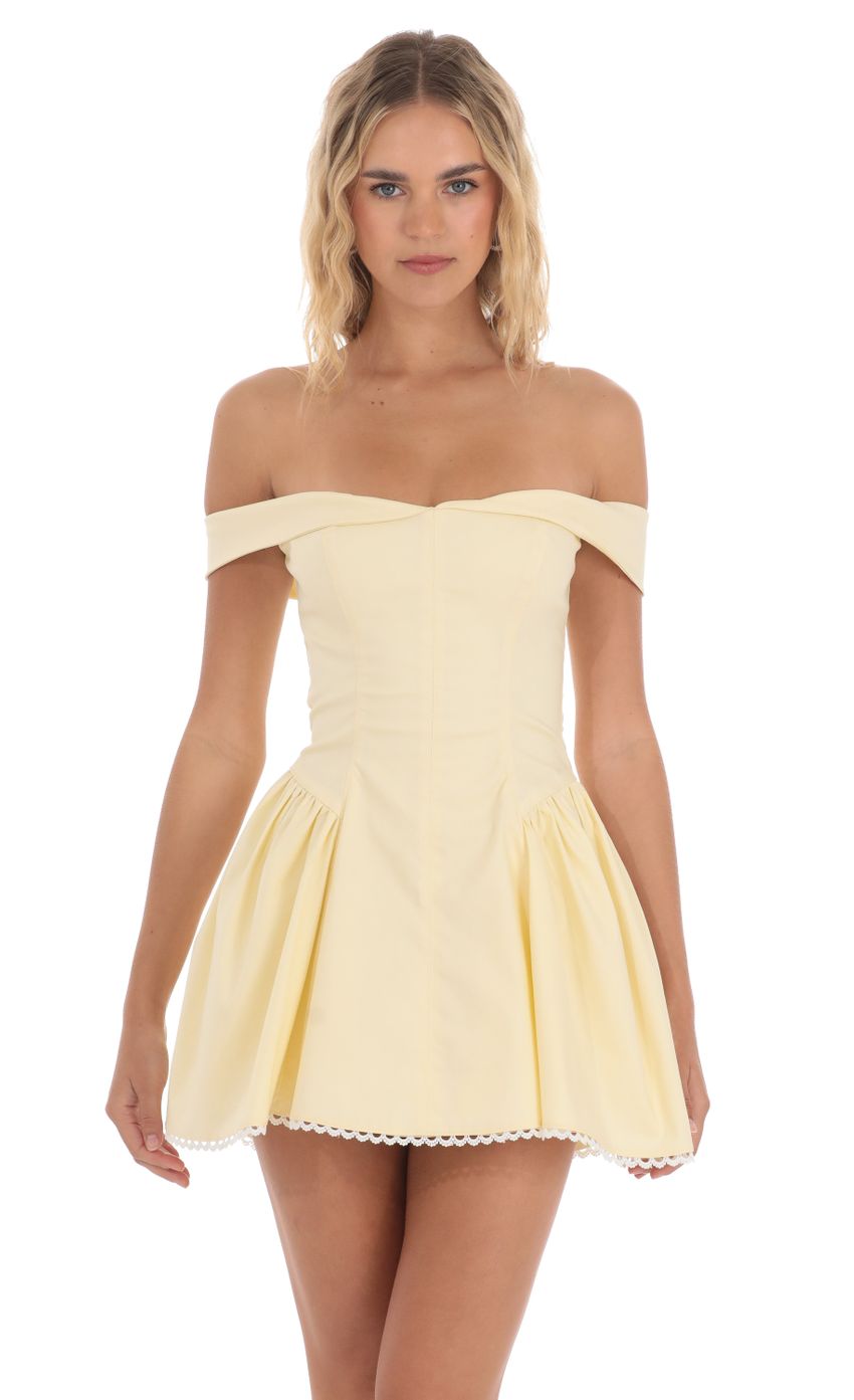 Picture Off Shoulder Fit and Flare Dress in Yellow. Source: https://media-img.lucyinthesky.com/data/May24/850xAUTO/b3fefb1f-a1d3-467d-abd9-c91682f63048.jpg