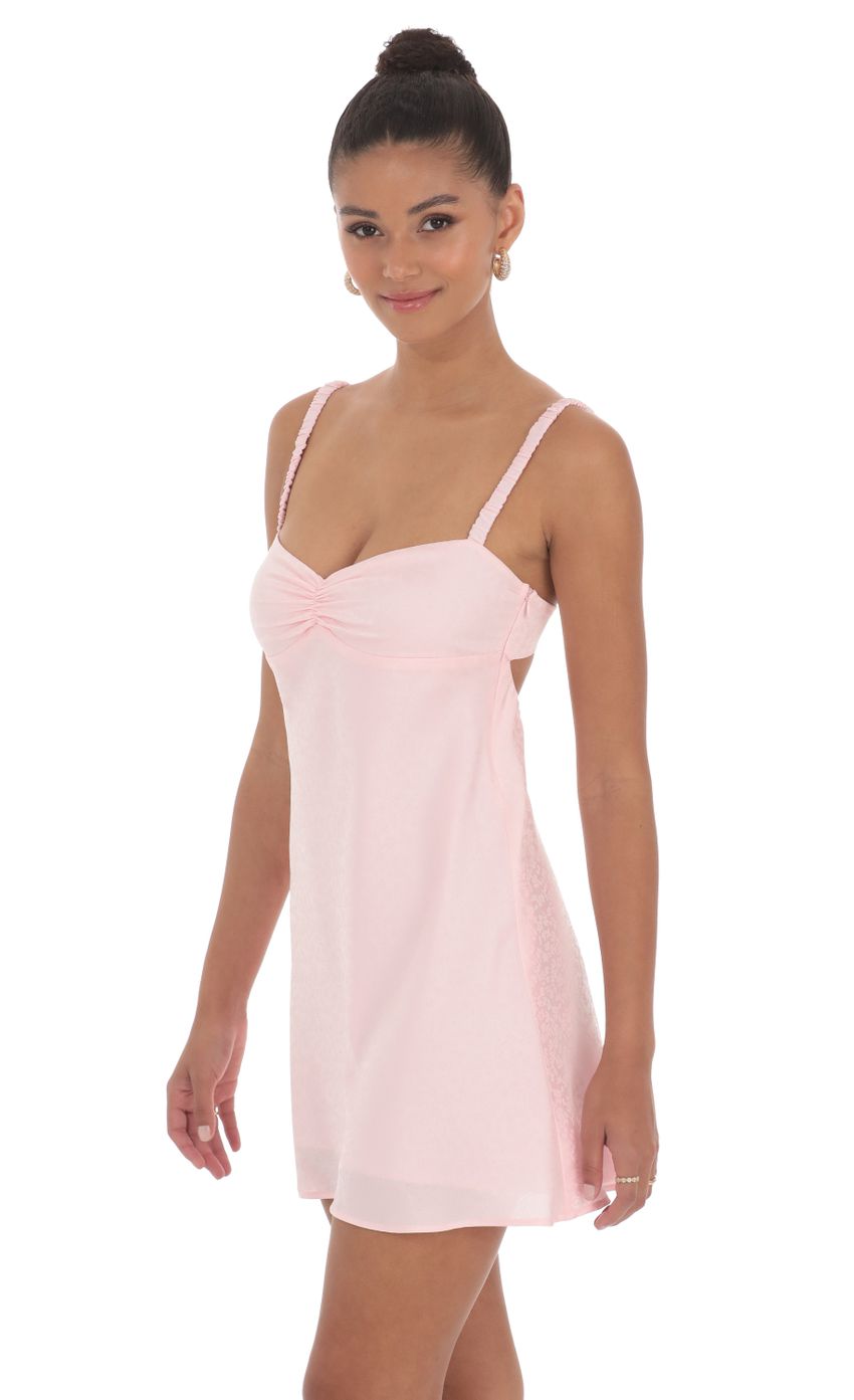 Picture Jacquard Babydoll Satin Dress in Pink. Source: https://media-img.lucyinthesky.com/data/May24/850xAUTO/c05be123-c0c5-4c5a-aeef-202260dfe53c.jpg